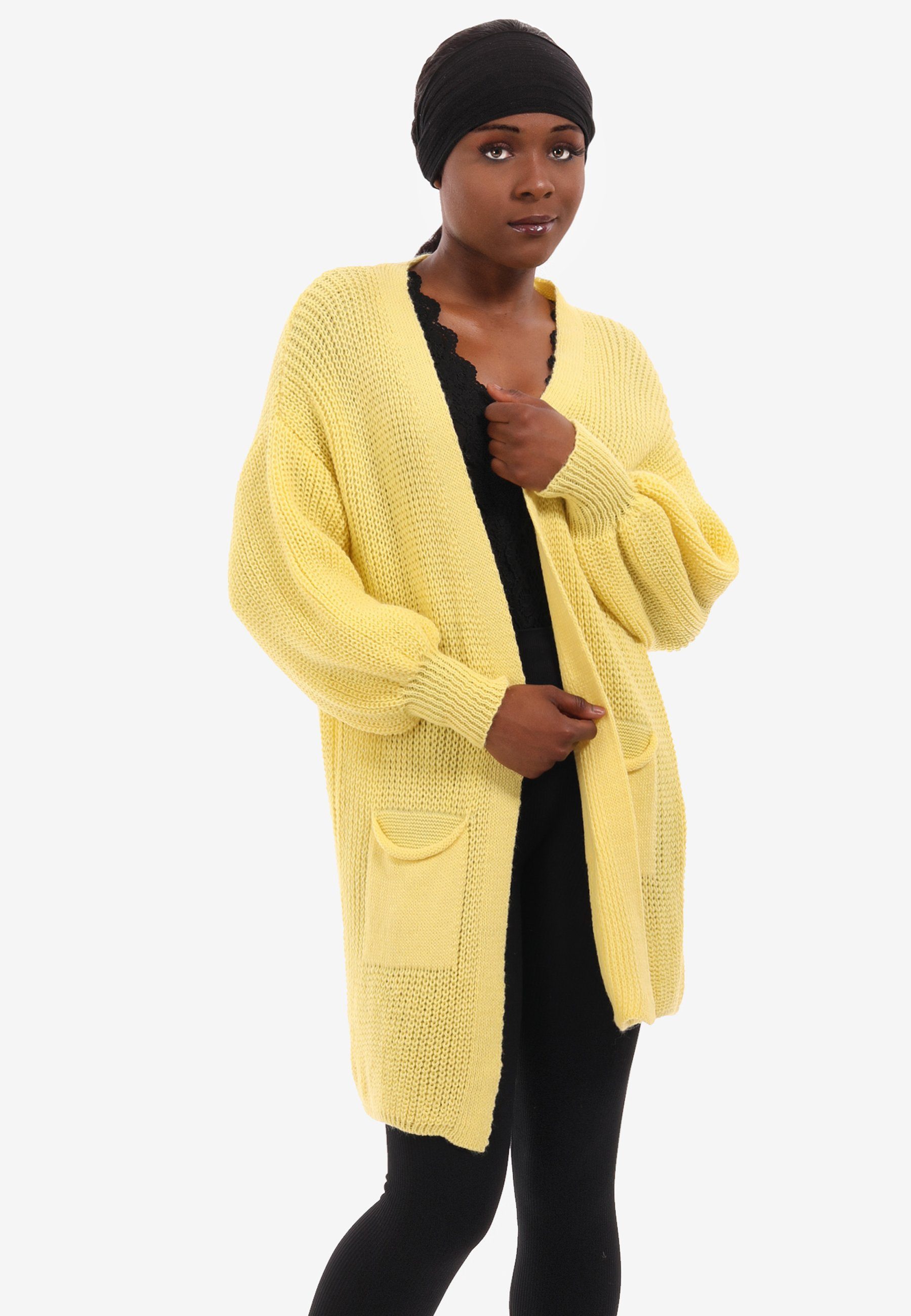 Taschen gelb YC Cardigan & Unifarbe, One Fashion in Style Size mit Taschen Strick-Cardigan aufgesetzten mit