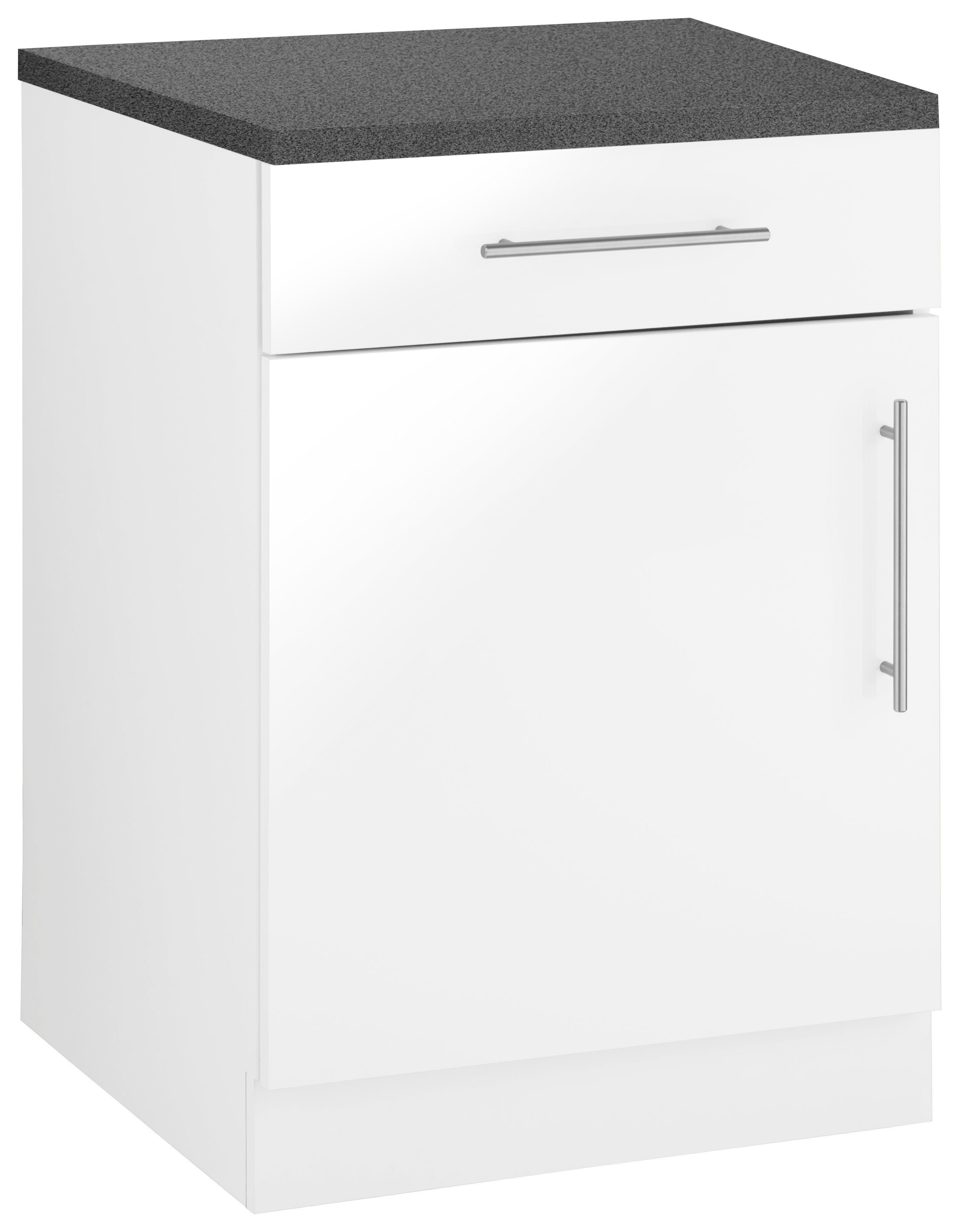 wiho Küchen Unterschrank Cali 60 cm breit Front: Weiß Glanz, Korpus: Weiß, Arbeitsplatte: Granit Grau | Weiß | Unterschränke