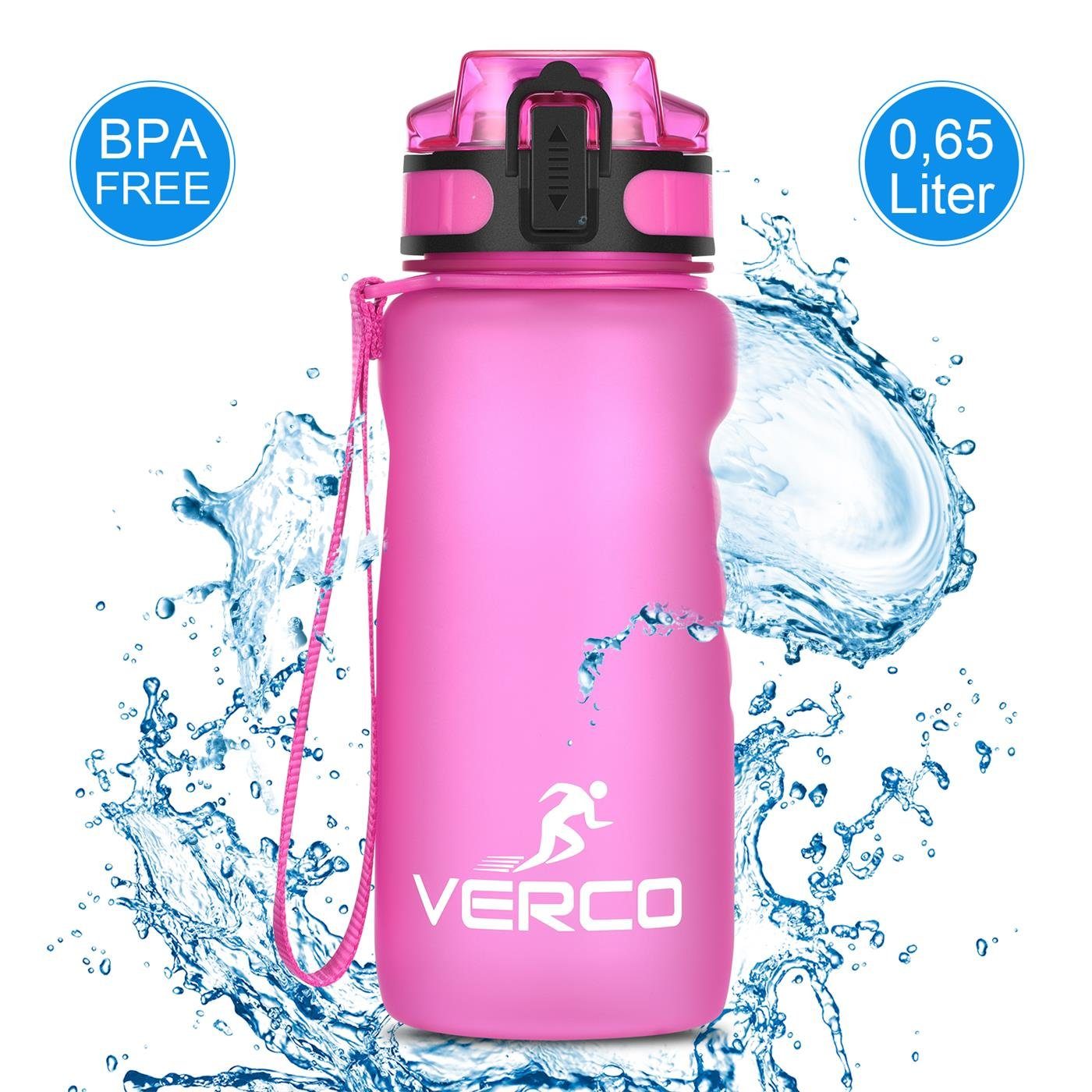 VERCO Trinkflasche 650 ml Sport Tritan 0,65 Liter Flasche, Wasserflasche BPA Frei mit Fruchtsieb wiederverwendbar nachhaltig Pink | Kinder-Trinkflaschen