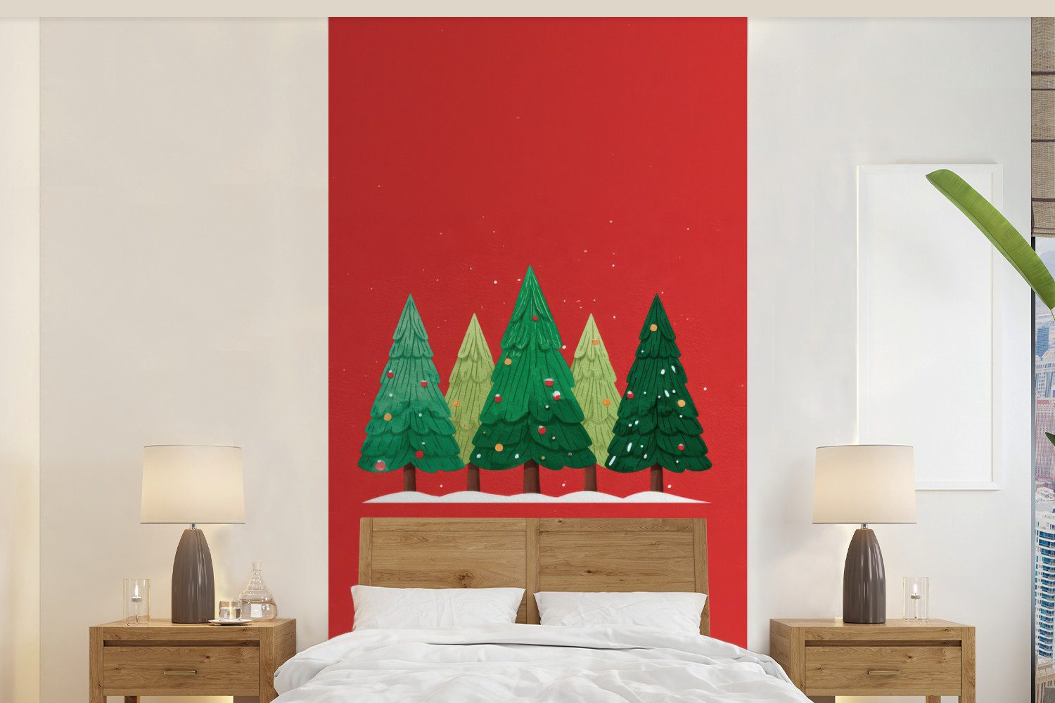 MuchoWow Fototapete Minimalistisch - Weihnachtsbäume - Rot - Schnee, Matt, bedruckt, Vliestapete für Wohnzimmer Schlafzimmer Küche, Fototapete, 120x240 cm