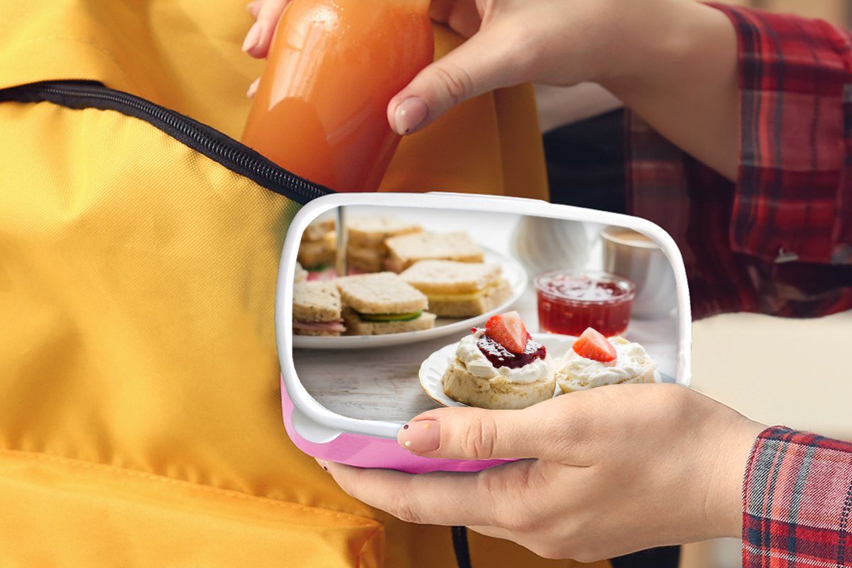 Brotdose Erwachsene, - Erdbeere Lunchbox rosa Kunststoff - Mädchen, Brotbox Kinder, MuchoWow (2-tlg), Frühstück Marmelade, für Snackbox, Kunststoff,