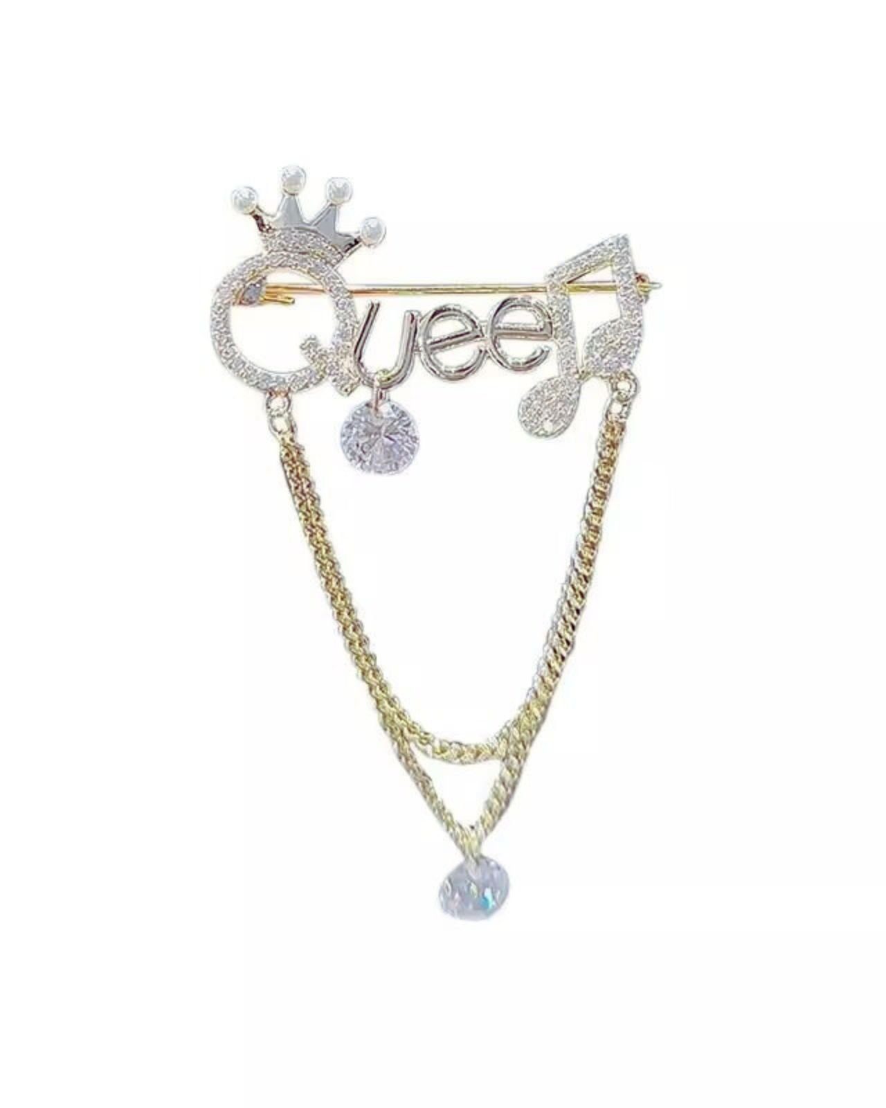 MayTree Brosche "QUEEN", mit Strass-Stein Kette (Stück, 1-tlg), Metallbrosche QUEEN mit Krone und Kette, Strass-Steinen, Zierperlen
