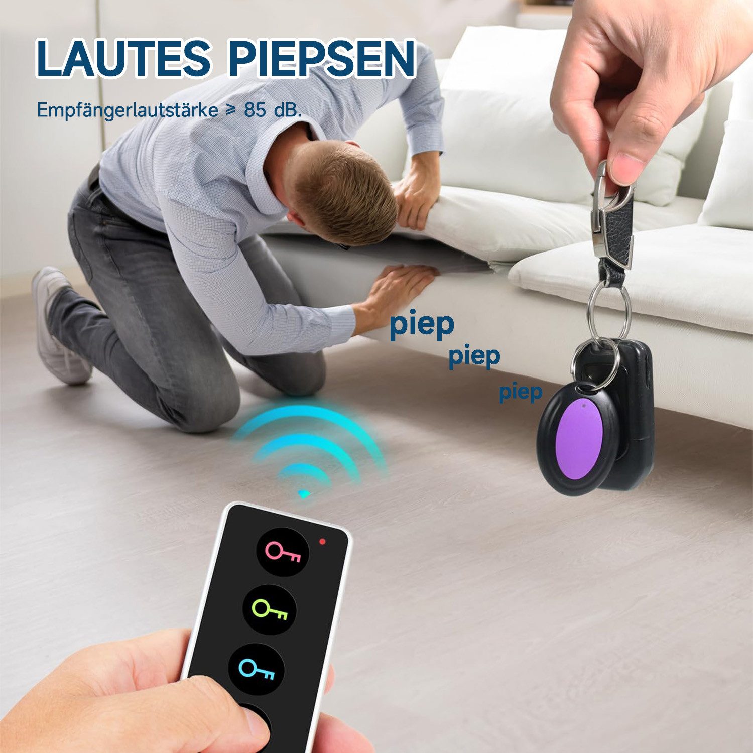 MOPUEA Schlüsselanhänger Key Finder, Wireless Key Tracking Locator mit LED-Leuchten (Schlüsselfinder Mit 30–40 m Reichweite Und 80 dB Signalton, 1-tlg., Kabelloser Schlüsselfinder Für Schlüssel Geldbörse Haustier Handy), 4er Set Schlüsselfinder Mit Funkempfänger Für Schlüssel Fernbedienung