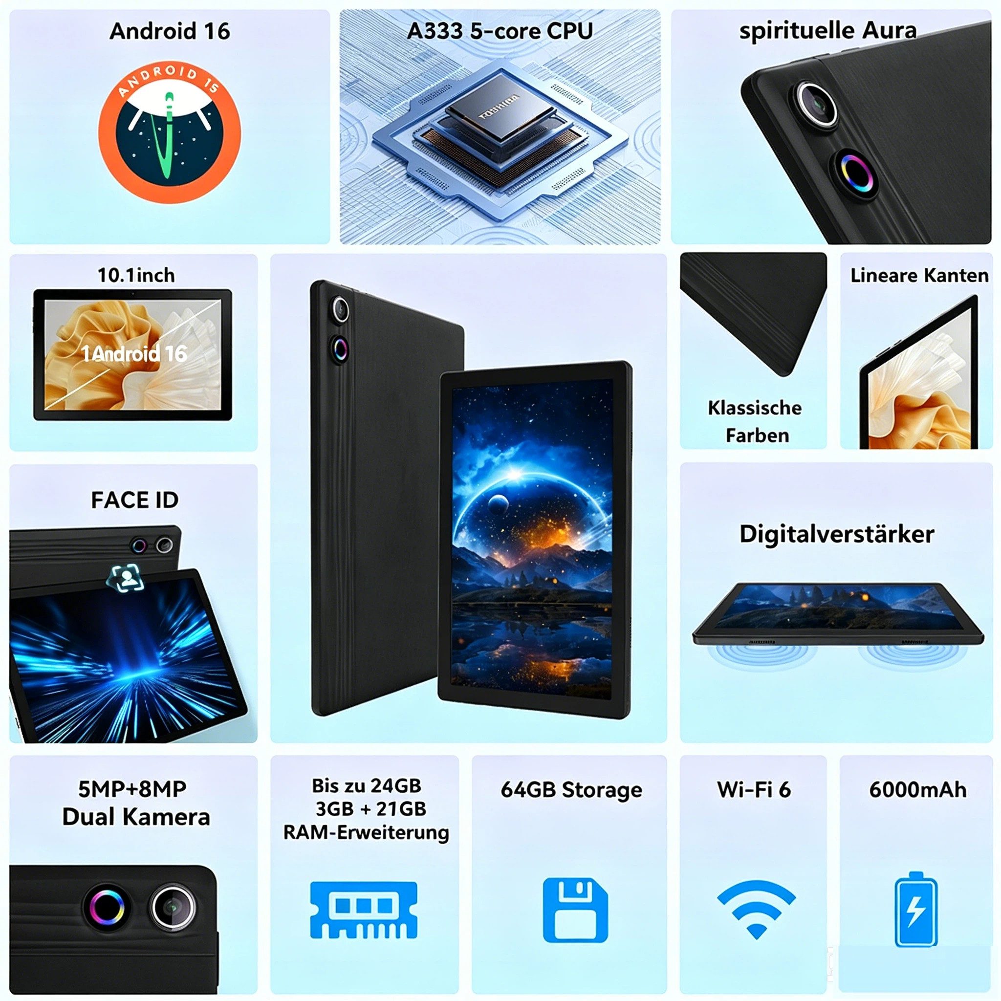 Happybe 10 Zoll, 64GB, Android 15/16, mit Tastatur Hülle Set, WiFi 6, BT 5.4 Tablet (10,1", 64 GB, Android 16, WiFi, 5-Core, WiFi 6, HD 1280x800, 6000mAh Akku)