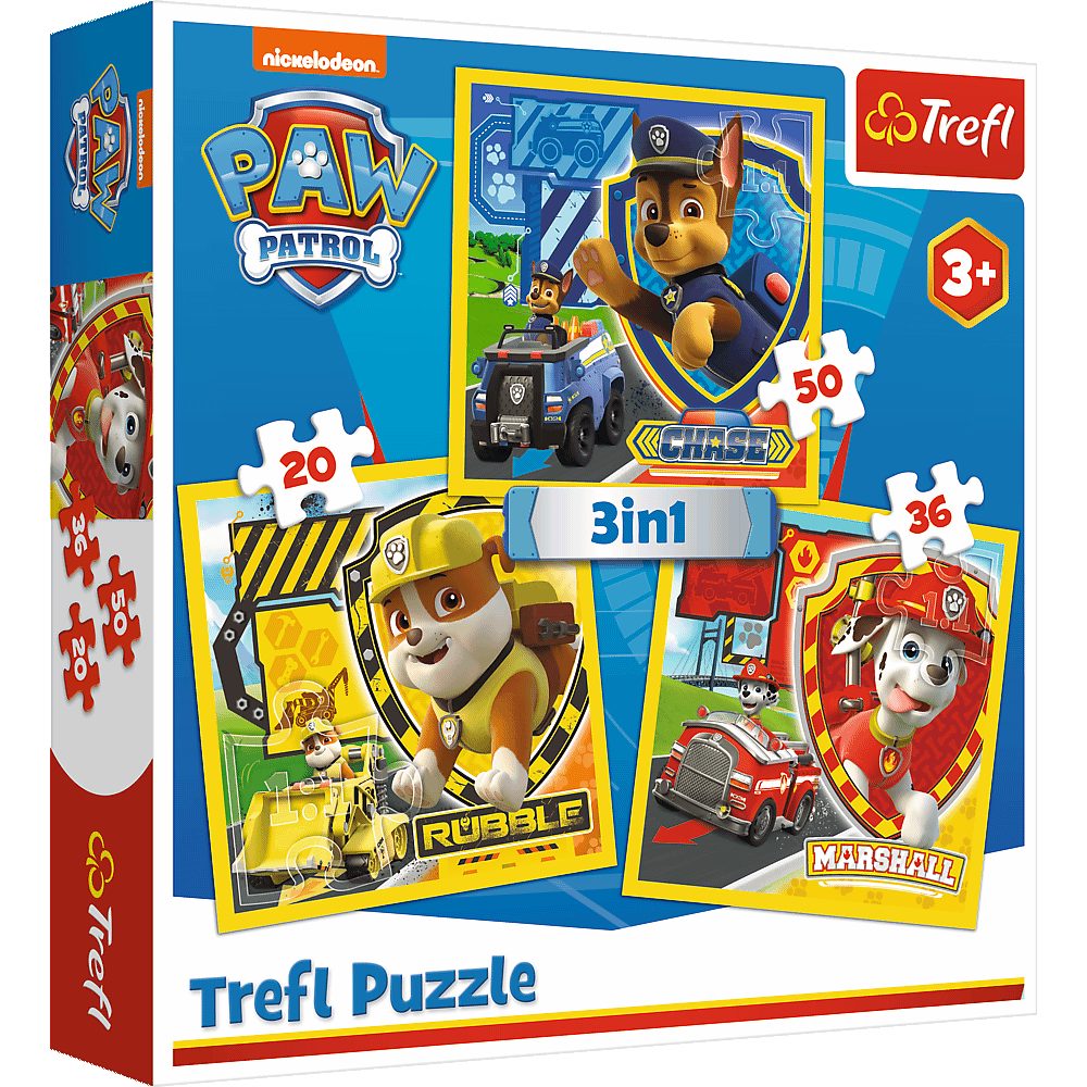 Trefl Puzzle Paw Patrol Marshall, Rubble und Chase 3in1 Puzzle, Puzzleteile, Made in Europe