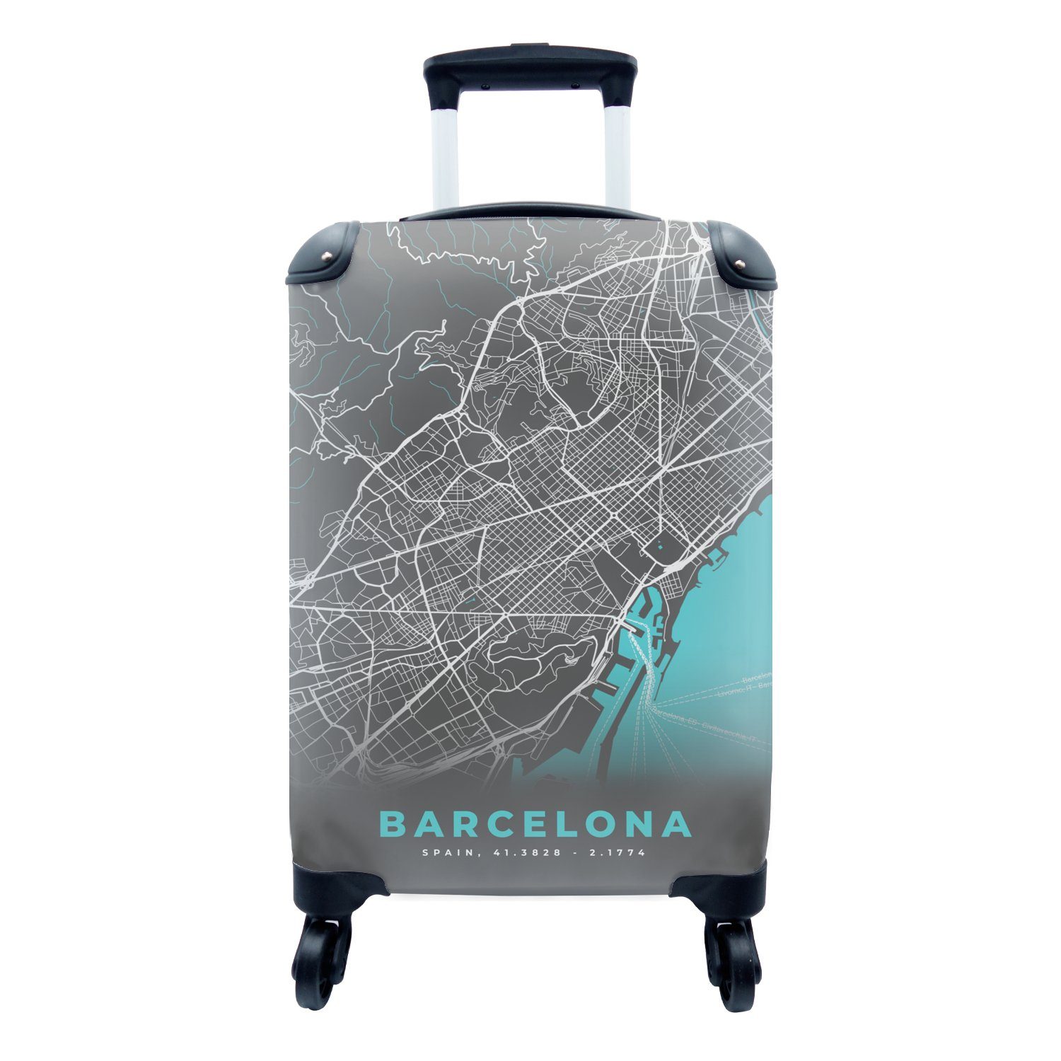 MuchoWow Handgepäckkoffer Barcelona - Blau - Karte - Stadtplan, 4 Rollen, Reisetasche mit rollen, Handgepäck für Ferien, Trolley, Reisekoffer | Handgepäck-Koffer