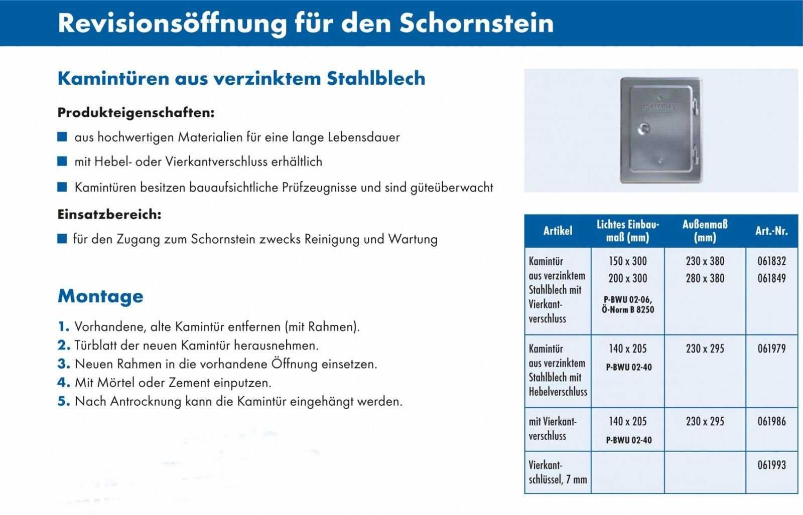 Marley Deutschland GmbH Wandfliese Kamintür verzinkt mit Vierkantverschluss 140x205mm, Stahl verzinkt 0x0, silber, für den Zugang zum Schornstein zwecks Reinigung und Wartung 