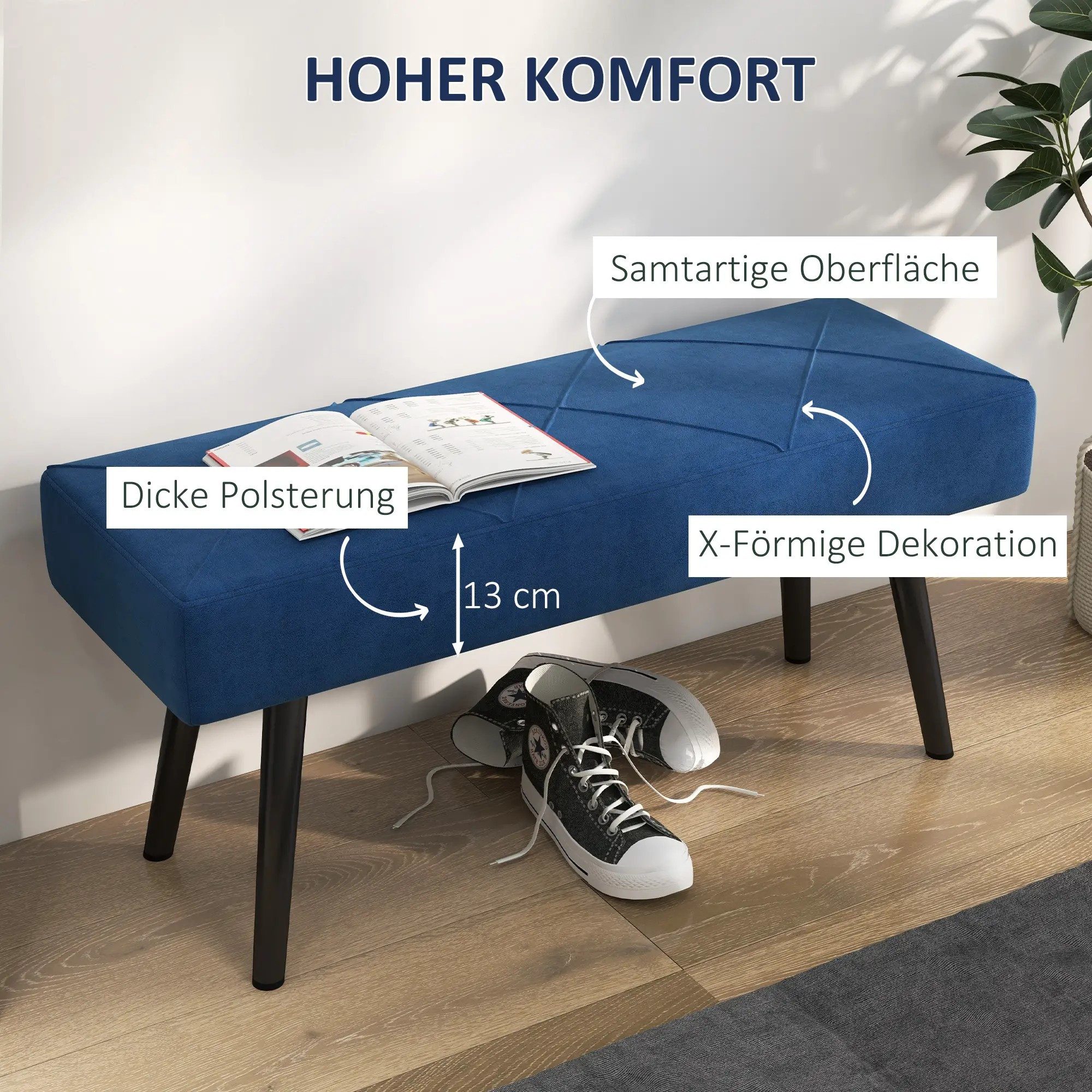 BlingBin Polsterbank Sitzbank Polsterbank in Samtoptik, Bettbank mit X-Muster, Schuhbank (1er Set, 1-St., 100B x 36T x 45H cm), Flurmöbel bis 120 kg belastbar für Schlafzimmer, Wohnzimmer, Flur
