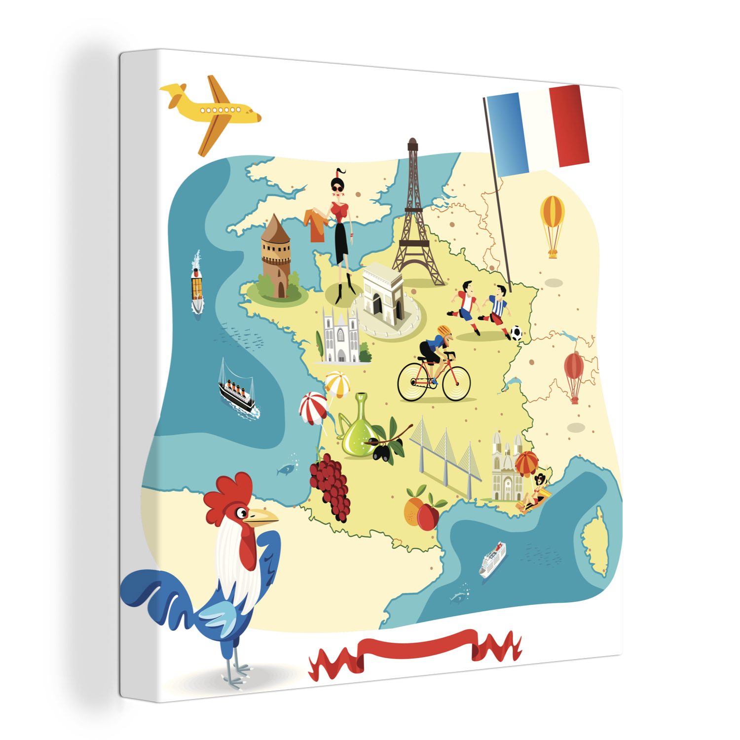 OneMillionCanvasses® Leinwandbild Eine Illustration einer cartoonartigen Karte von Frankreich in Europa, (1 St), Leinwand Bilder für Wohnzimmer Schlafzimmer