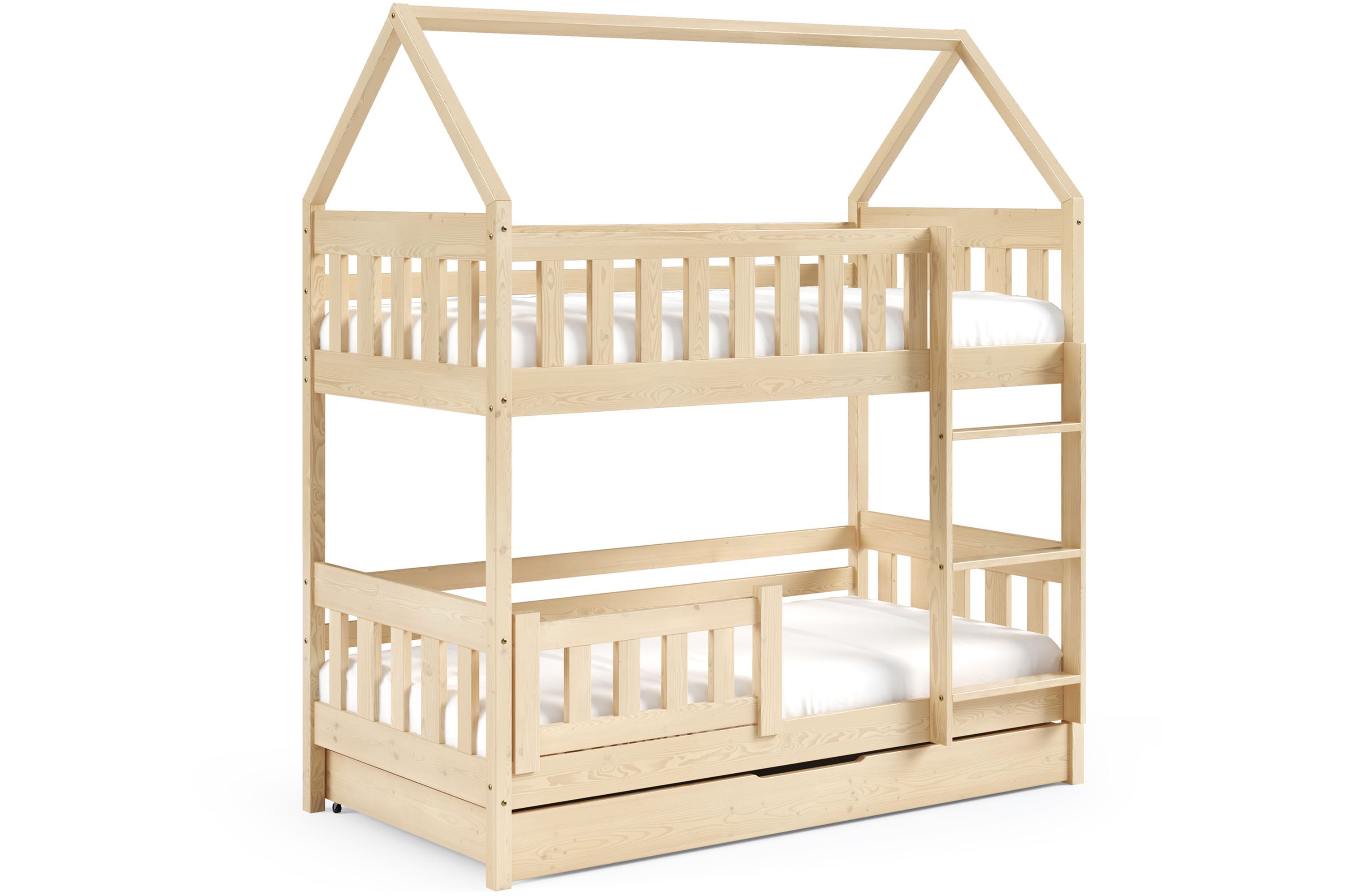 KONSIMO® Etagenbett Kinderbett LUMBE Holzbett, Hausform, hergestellt in der EU (inklusive 2 Matratzen und Schublade auf Rollen), aus massivem Kiefernholz, mit Rausfallschutz