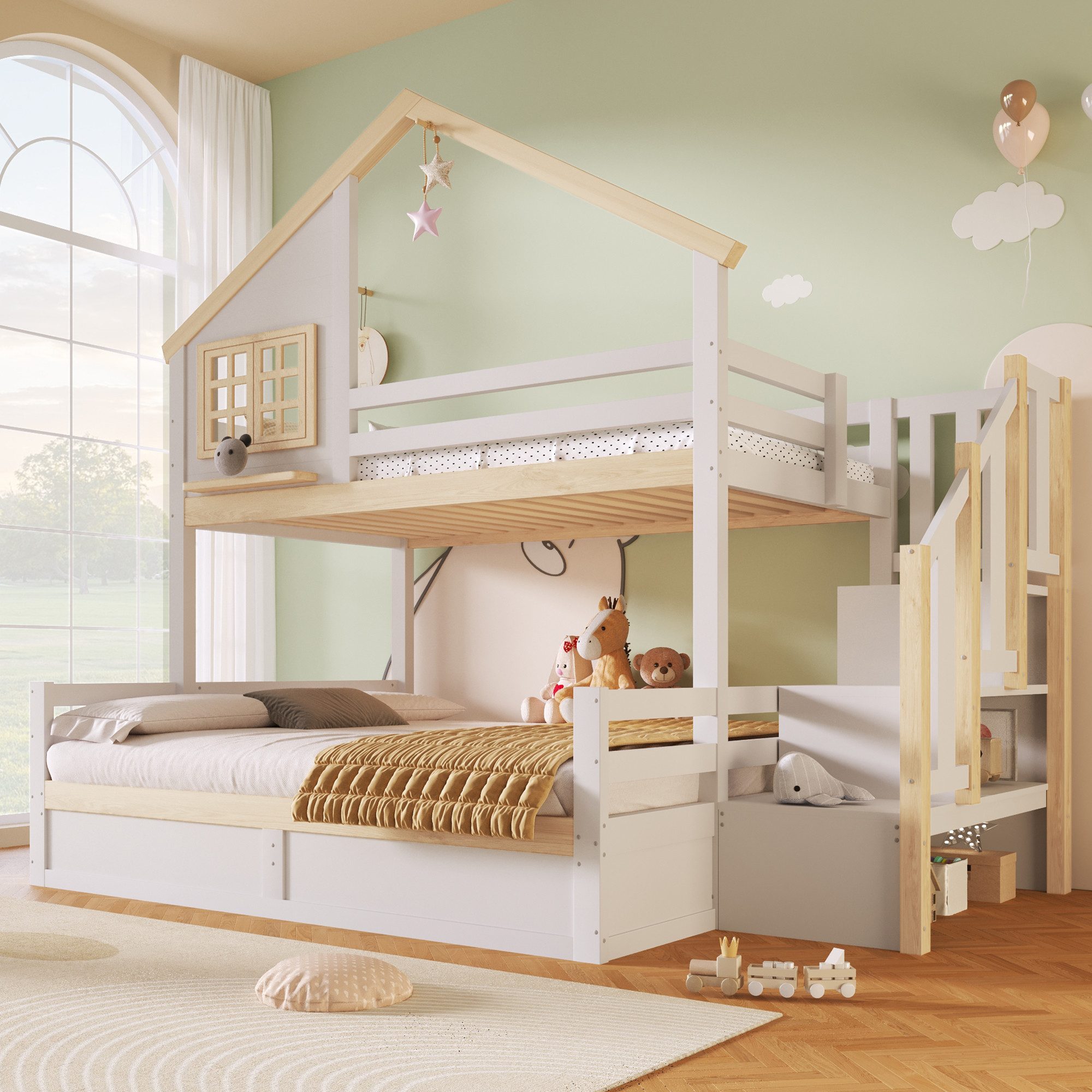 Merax Etagenbett 90x200 & 140x200 cm mit Hausdesign (1-St., Jugendbett Doppelbett Stockbett Spielbett mit Fensteroptik), Kiefernholz Kinderbett mit hydraulische – Bild 4 von 5
