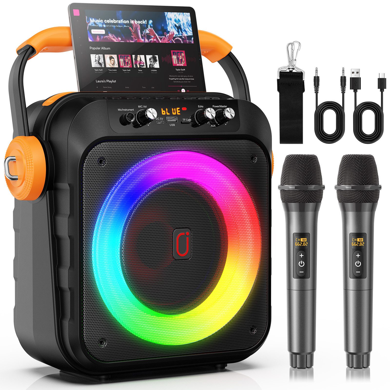 JYX Tragbare Karaoke Maschine mit 2 Funkmikrofonen Bluetooth-Lautsprecher 2.0 (mit LED-Lichteffekten für Kinder & Erwachsene (ohne Tablet)