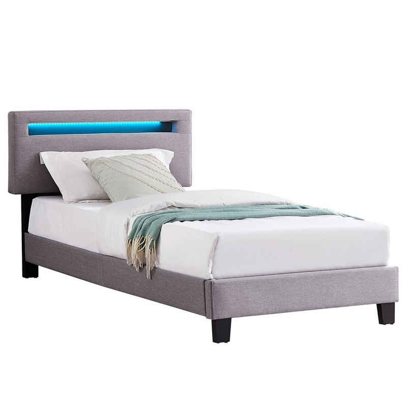 CARO-Möbel Polsterbett GLACE, Polsterbett 90x200 cm mit Stoffbezug in grau LED Beleuchtung grau