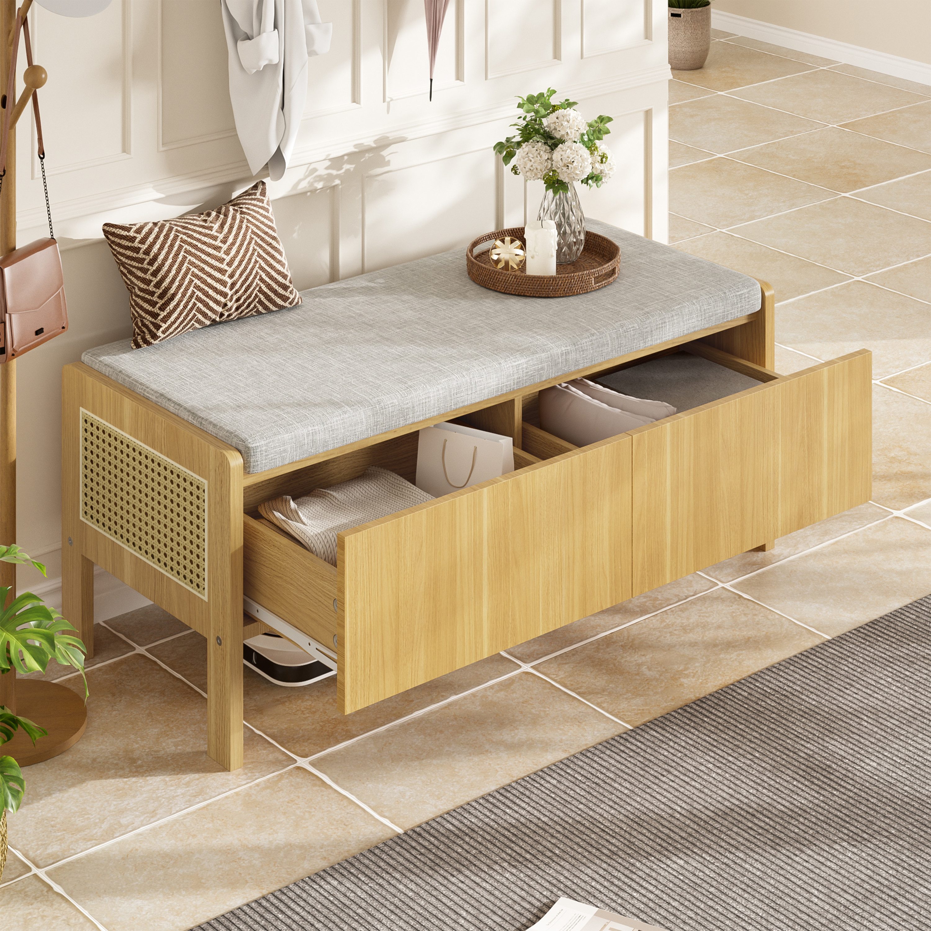 i@home Schuhbank Aufbewahrungsbank, Sitzschrank, mit Rattan-Geflecht, 2 Schubladen, Natur, Maße: 113 × 45,5 × 40 cm
