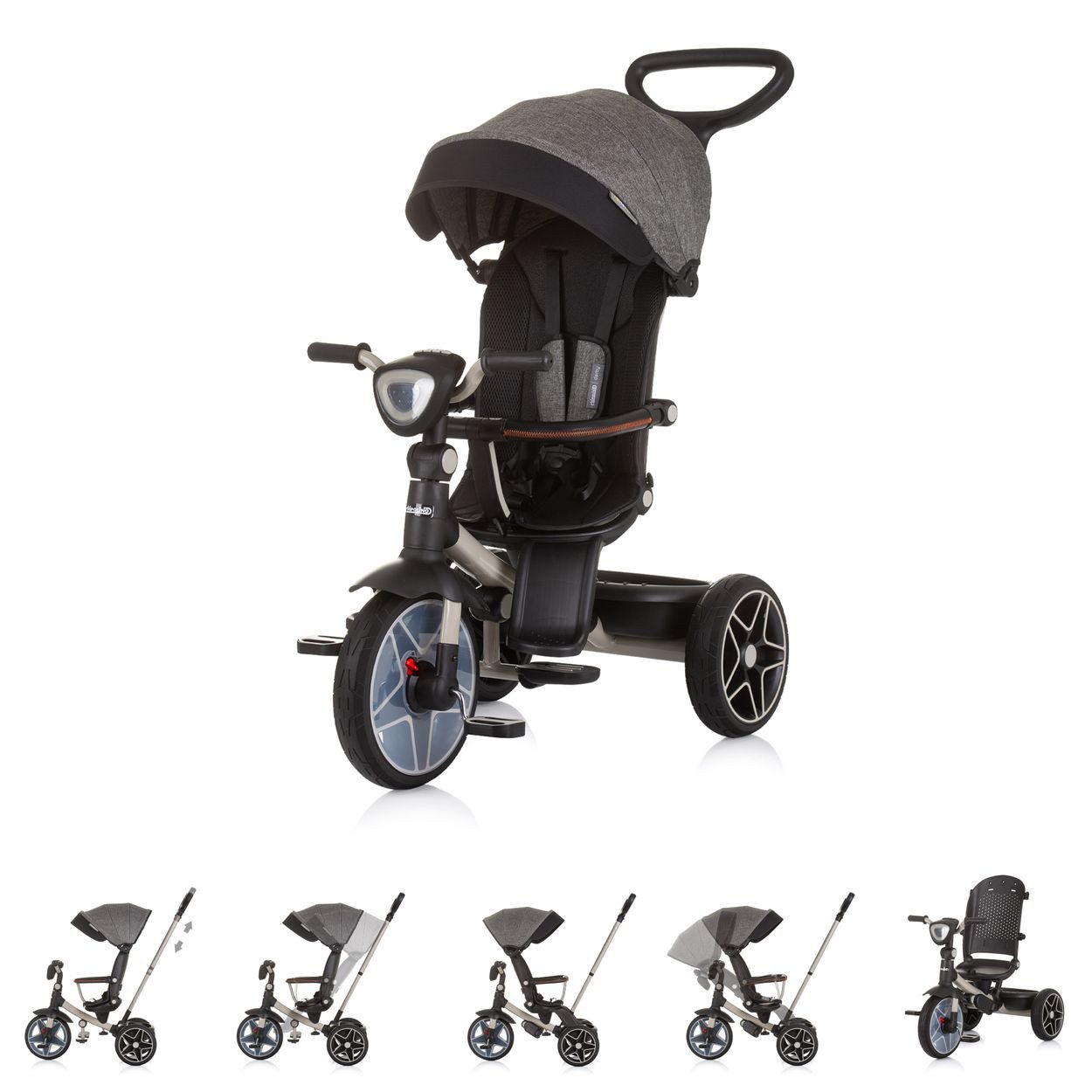 Chipolino Dreirad Derby 2 in 1, Musik, Licht, Korb, Schiebegriff, Gurt, umkehrbarer Sitz, Fußstütze