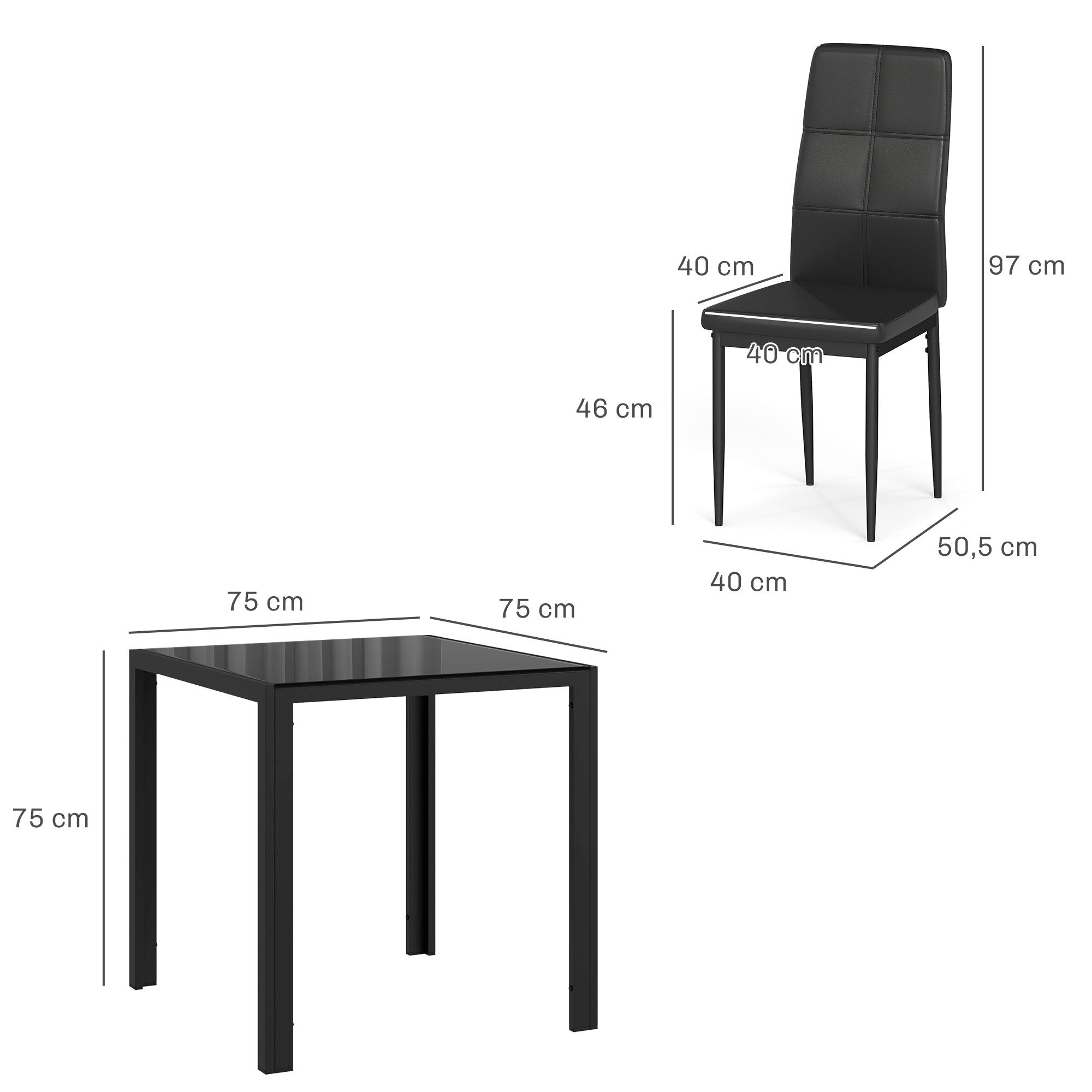 HOMCOM Essgruppe mit Glas-Tischplatte, (Esstisch mit 2 Stühlen, 3-tlg., platzsparend Esszimmergruppe), für Esszimmer, Küche Schwarz – Bild 3 von 5