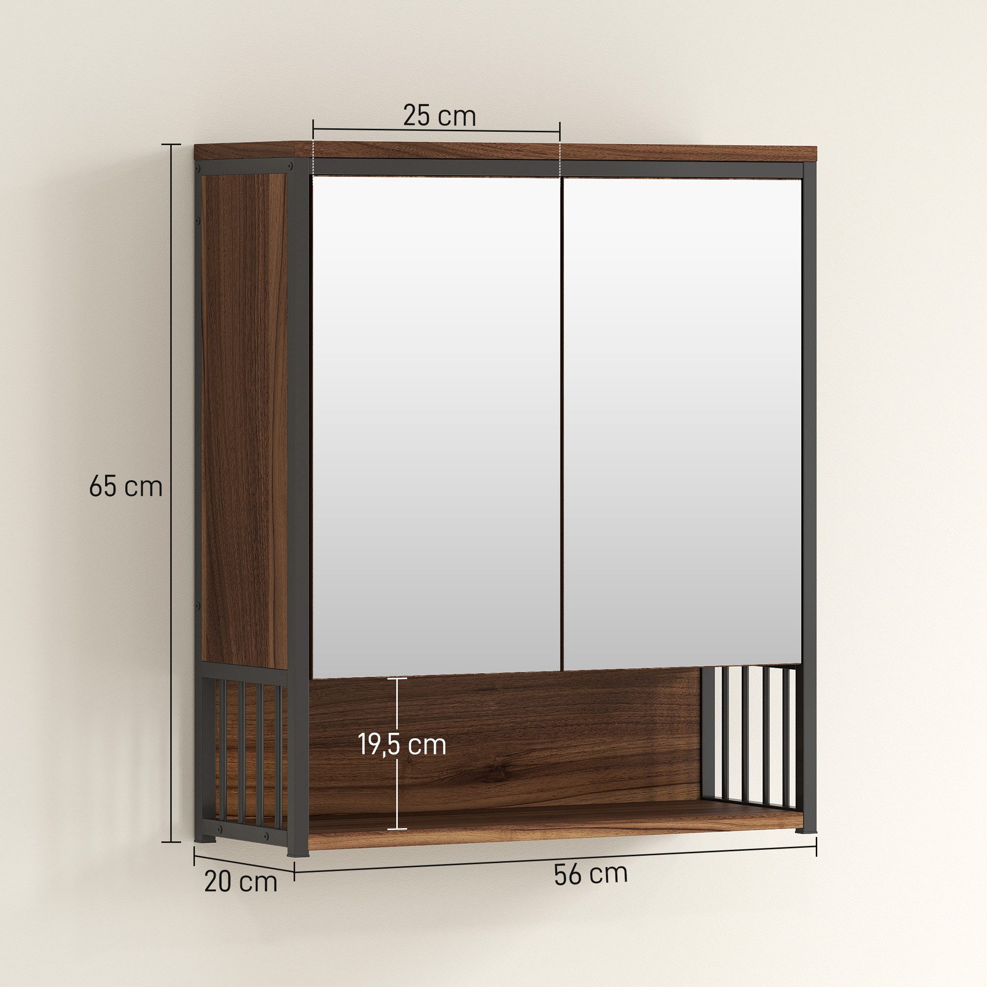 HOMCOM Spiegelschrank mit sanft schließender Tür (Badschrank, 1-St., Badezimmerschrank) mit offenen und geschlossenen Fächern, 56 x 20 x 65 cm, Braun
