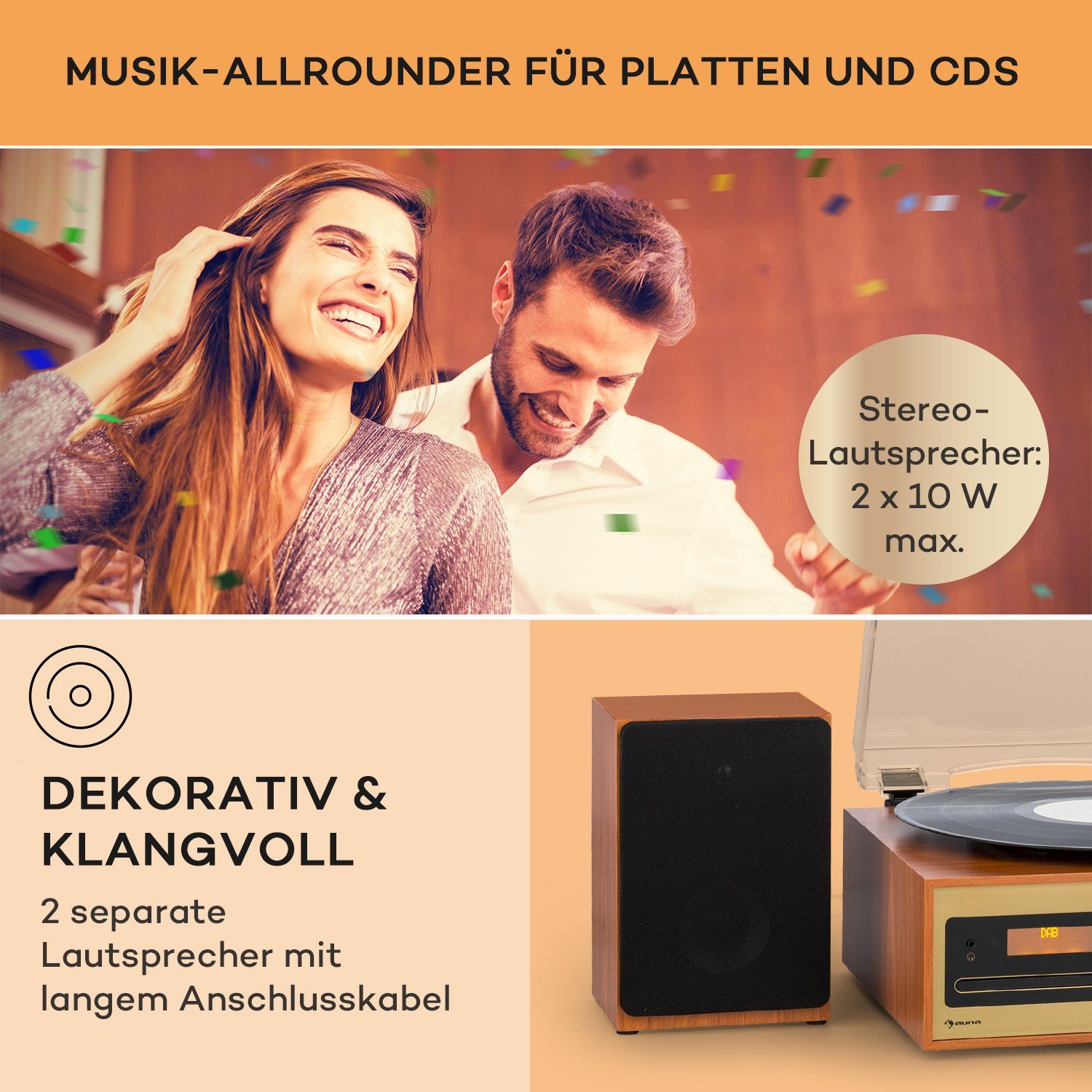 Bluetooth CD Radiotuner, Champagner) FM und Stereon DAB (DAB+ FM Auna Oxford 20 W, Player Stereoanlage SE Vinyl