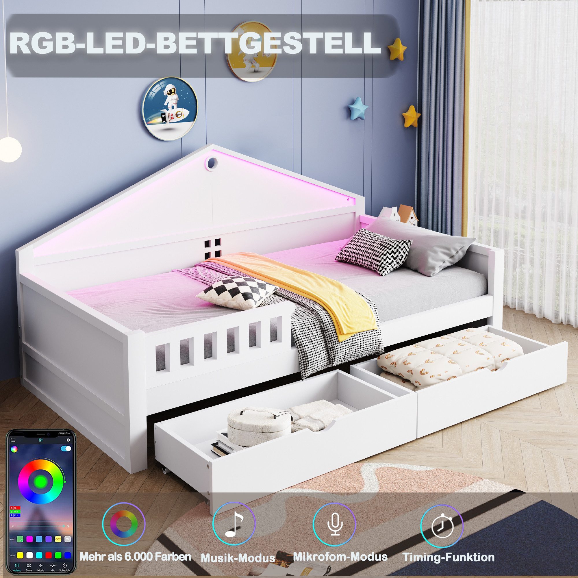 REDOM Kinderbett mit LED-Lichtleiste & geräumigen Schubladen (Einzelbett Stauraumbett, 90×200 cm), ohne Matratze