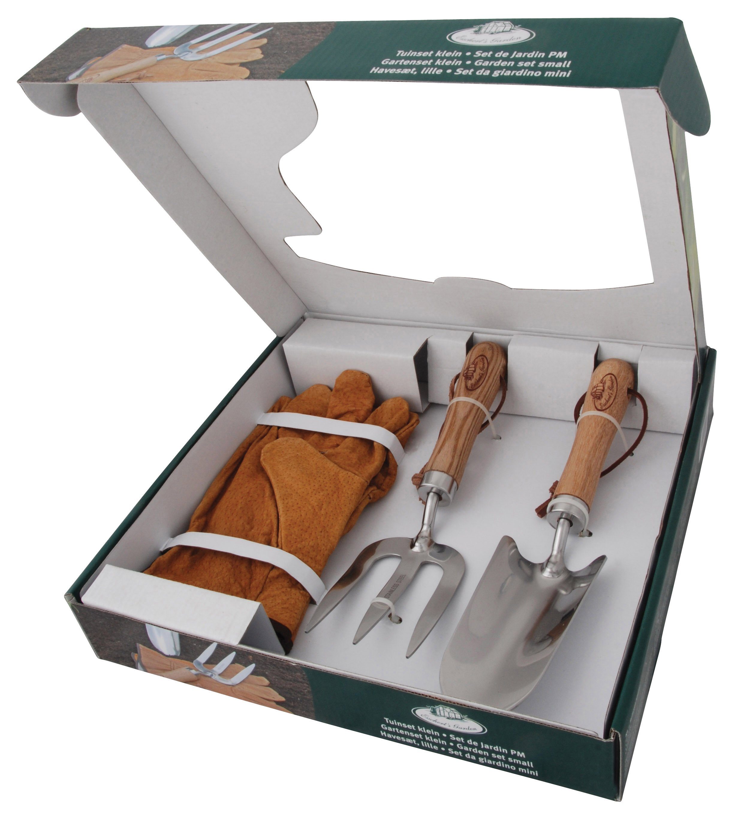 esschert design Gartenpflege-Set 3er Set Gartenset Blumenkelle Handgabel Lederhandschuhe Geschenk