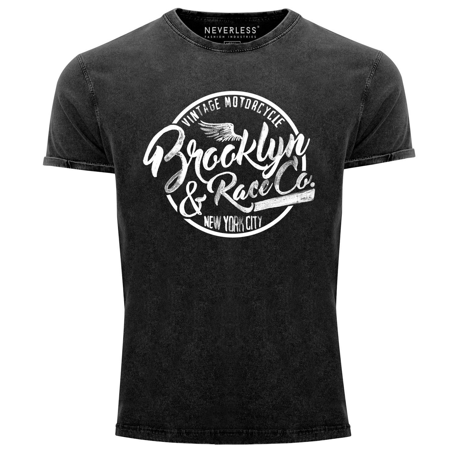 Print-Shirt Angesagtes Neverless® T-Shirt Brooklyn mit Vintage Shirt schwarz Slim Look Fit Racing Neverless Used Herren Print Cooles
