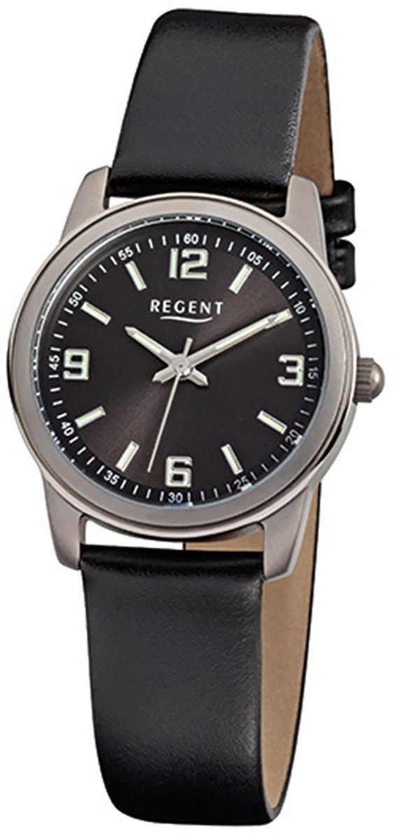 Regent Damen Quarzuhr schwarz Damen-Armbanduhr rund, Analog, klein Regent Lederarmband (ca. Armbanduhr 27mm),