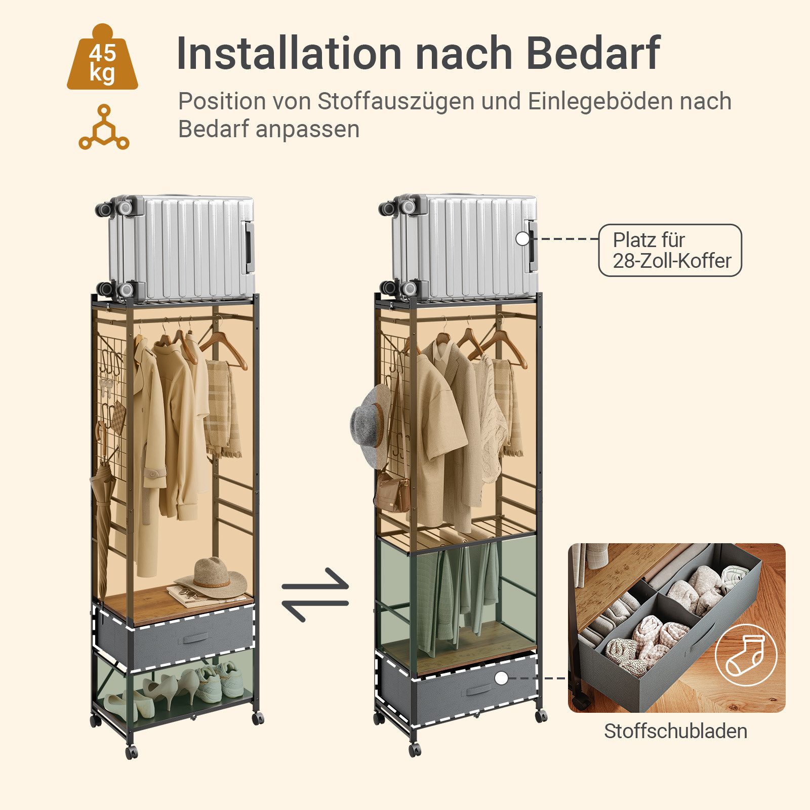SoBuy Kleiderständer KLS23, Garderobenständer mit Rollen und Schublade, Aufbewahrungsturm, (1er Set), Stabil bis 45 kg, höhenverstellbare Stange, Gitternetz für Accessoires