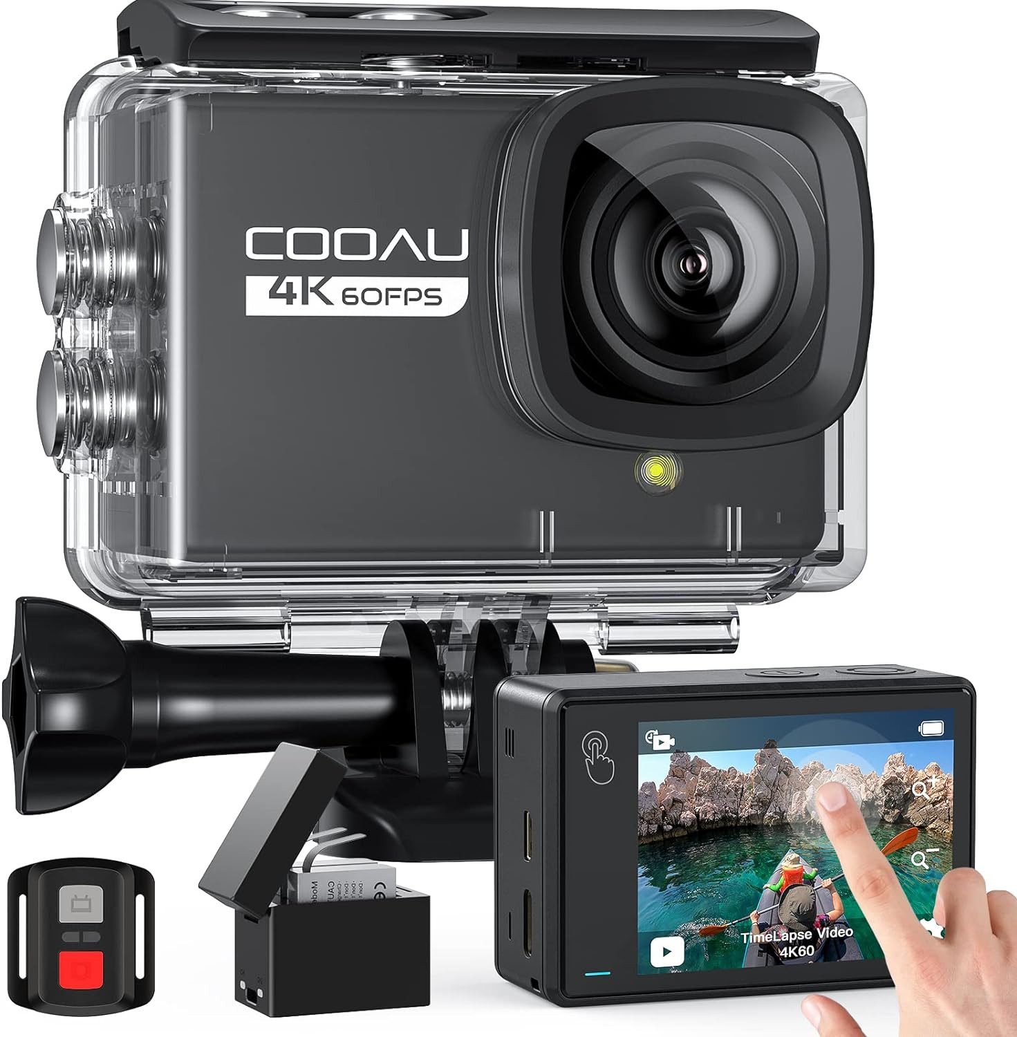 COOAU Action Cam 4K 24MP 40M Wasserdicht Unterwasserkamera Action Cam (4K Ultra HD, WLAN (Wi-Fi), mit Stabilisierung, Touchscreen Videokamera, 170°Weitwinkel, 2X1350 mAh Akkus, WiFi, 2.4G Fernsteuerung, externem Mikrofon)