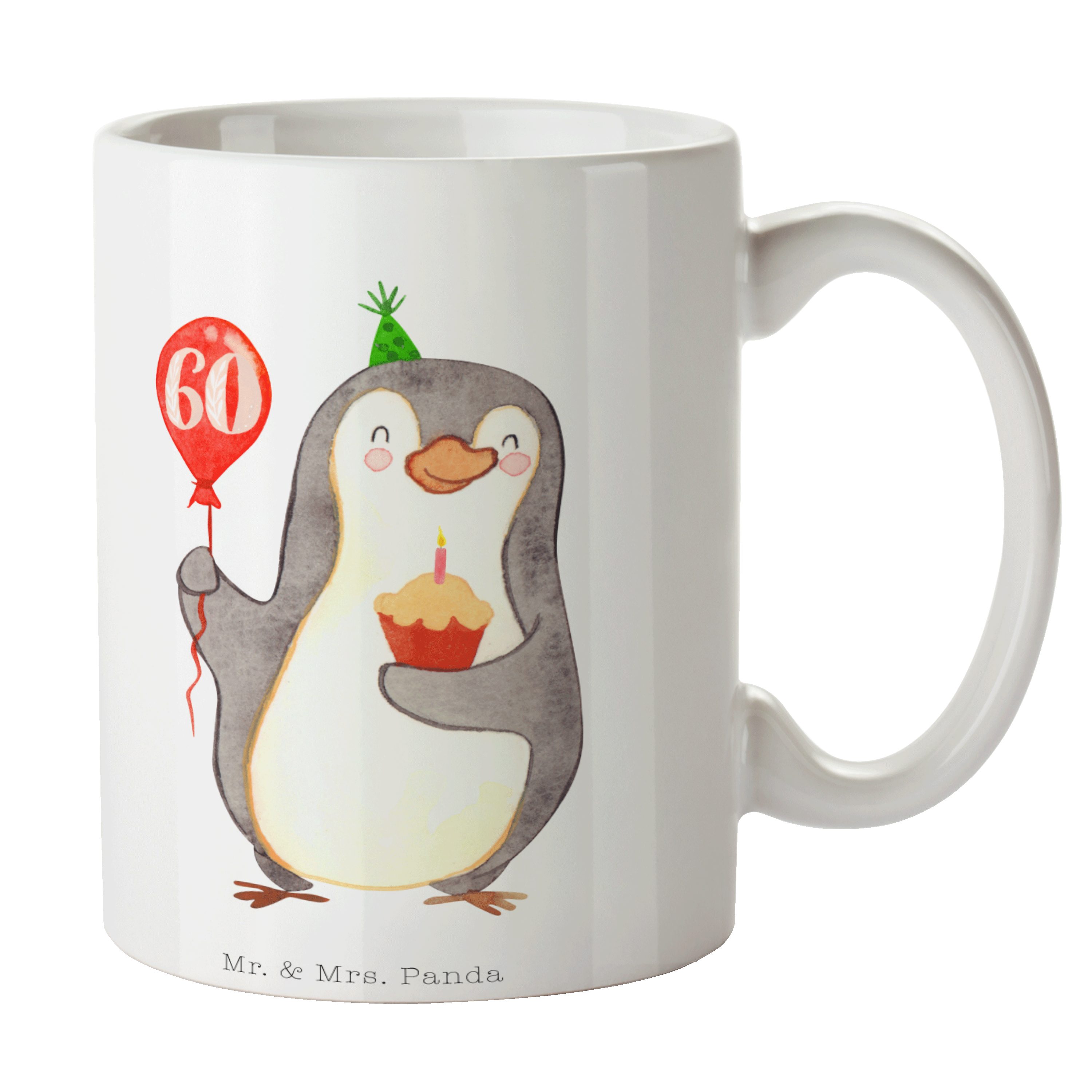 Mr. & Mrs. Panda Tasse 60. Geburtstag Pinguin Luftballon - Weiß - Geschenk, Happy Birthday, Keramik