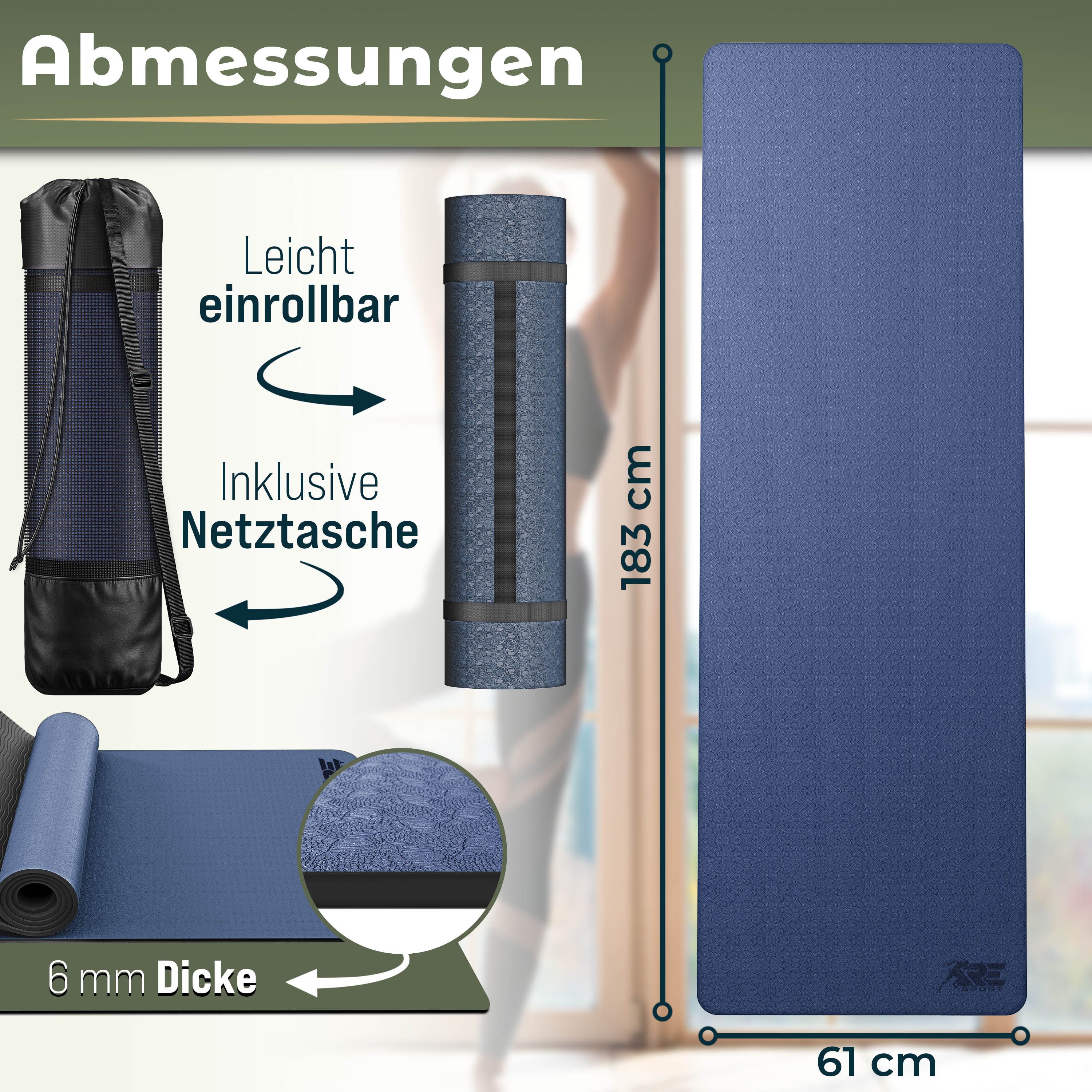 RE:SPORT Gymnastikmatte 183 x 61 x 0,6 cm mit Tragetasche Yogamatte TPE Fitnessmatte (rutschfest), Trainingsmatte mit Tragegurt Fitness Gymnastik Pilates Workou – Bild 3 von 5