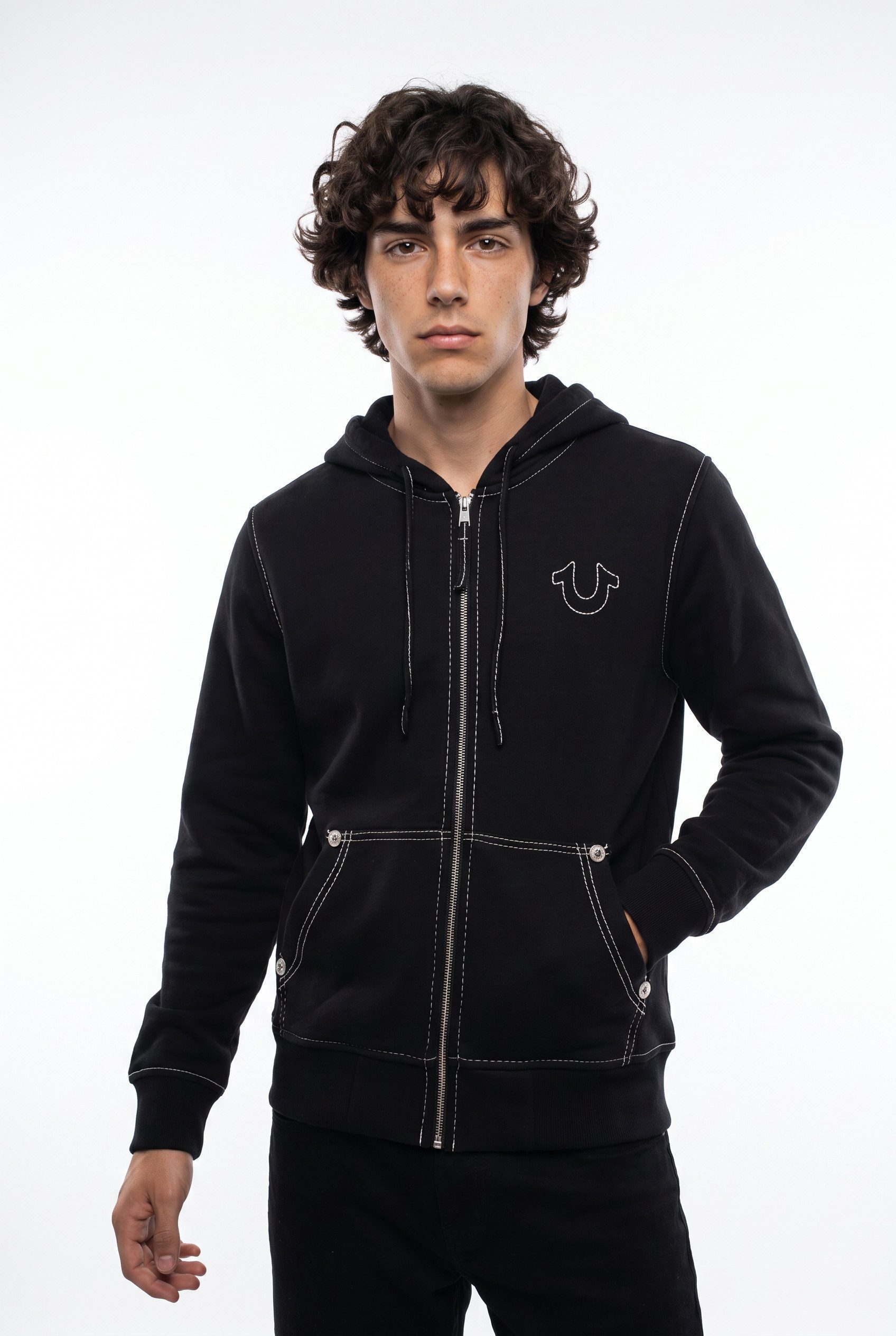 True Religion Kapuzensweatjacke BIG T ZIP THRU HOODIE JET BLACK Baumwollmischung