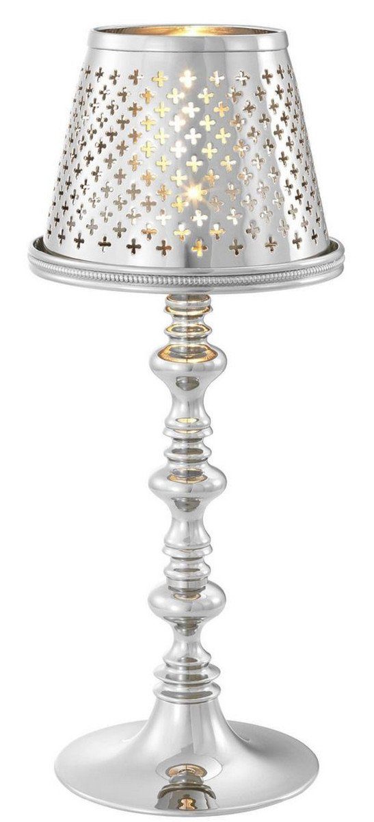 Casa Padrino Teelichthalter Luxus Messing Teelichthalter mit Lampenschirm Silber Ø 16 x H. 39 cm - Deko Accessoires