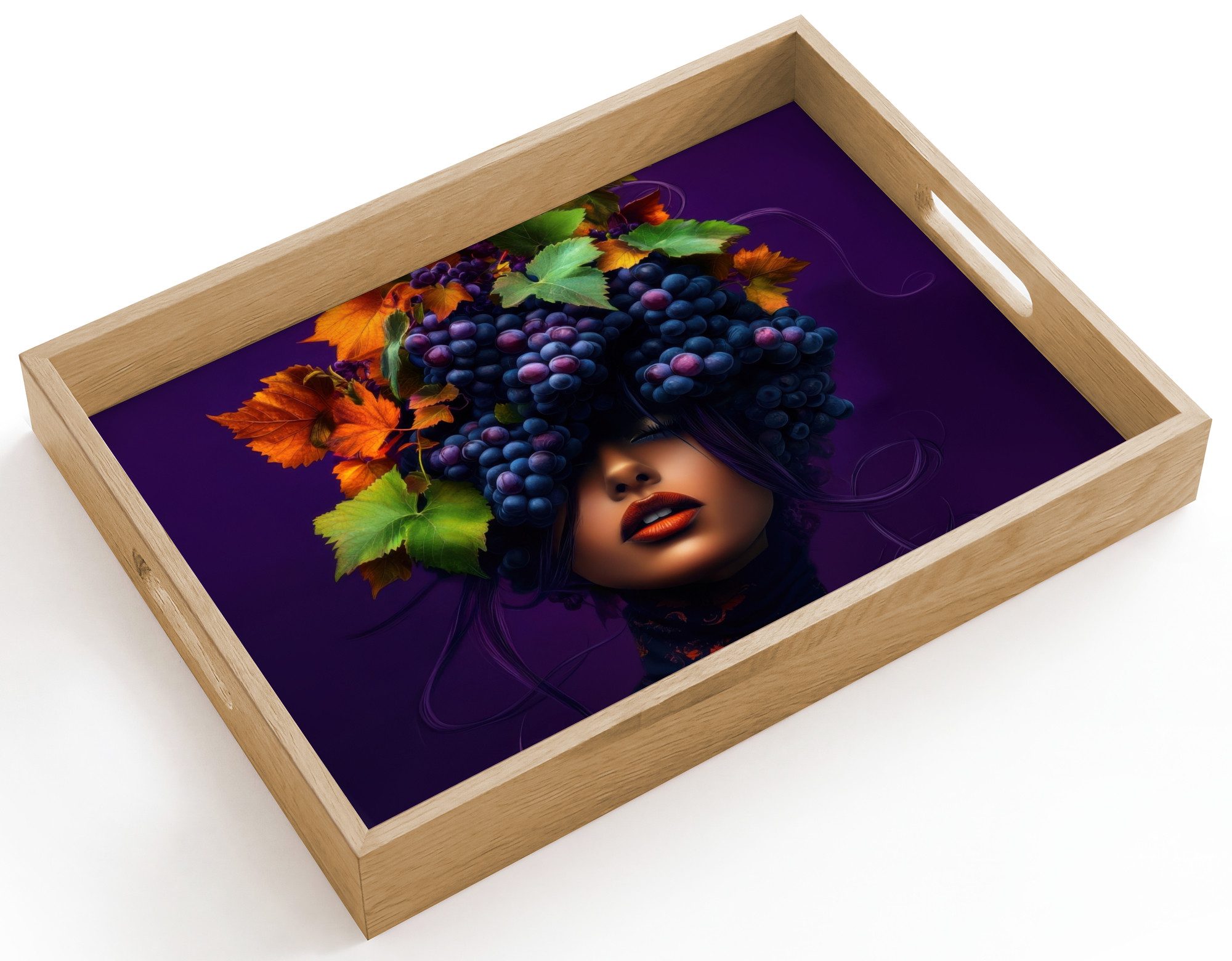 OnlyWow Tablett Rechteckig mit Henkel Frau - Lila - Weintrauben, Eichenholz, (1-tlg), Siervierplatte, Tray, Frühstücksbrett
