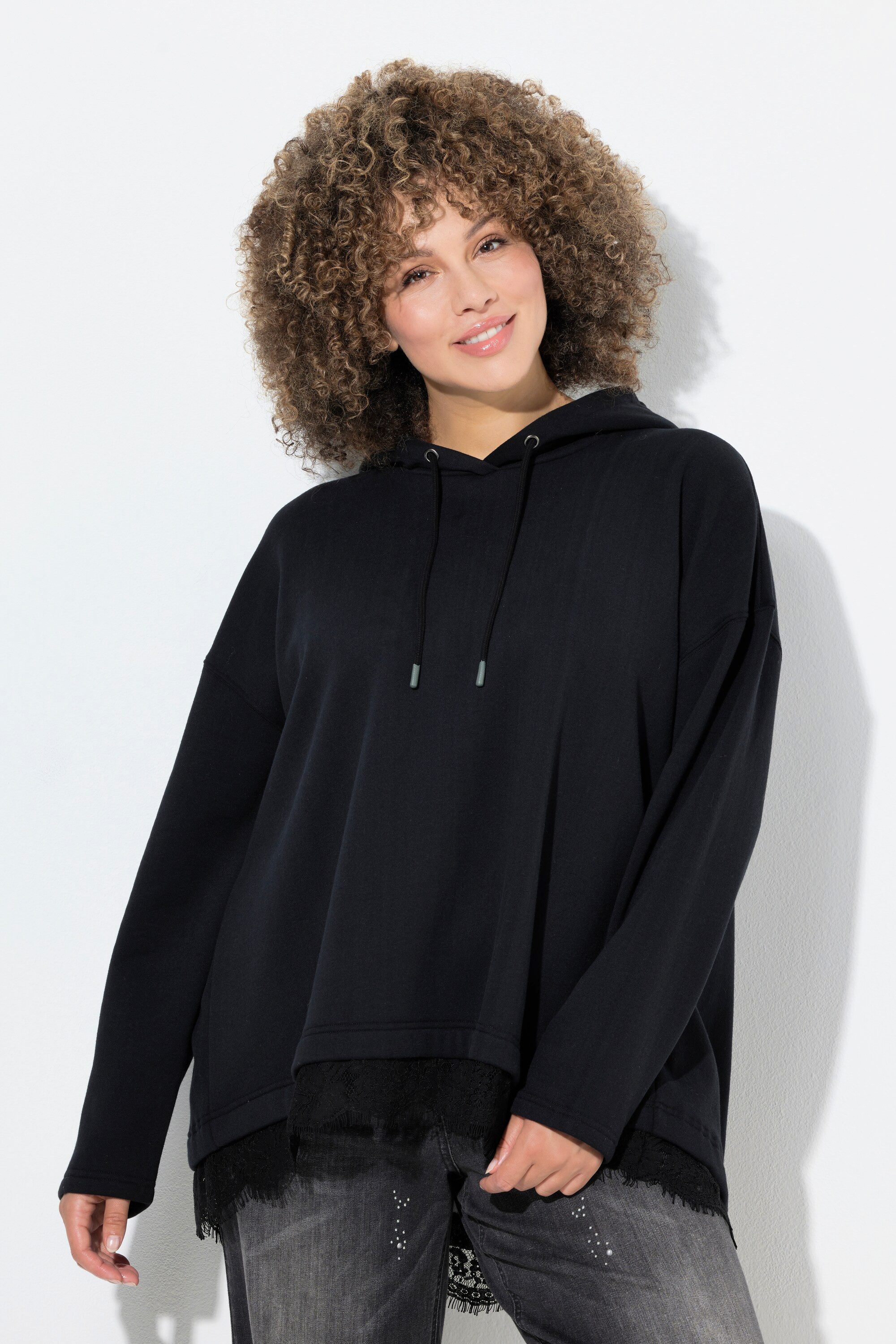 Ulla Popken Sweatshirt Hoodie Spitzensaum A-Linie günstig online kaufen