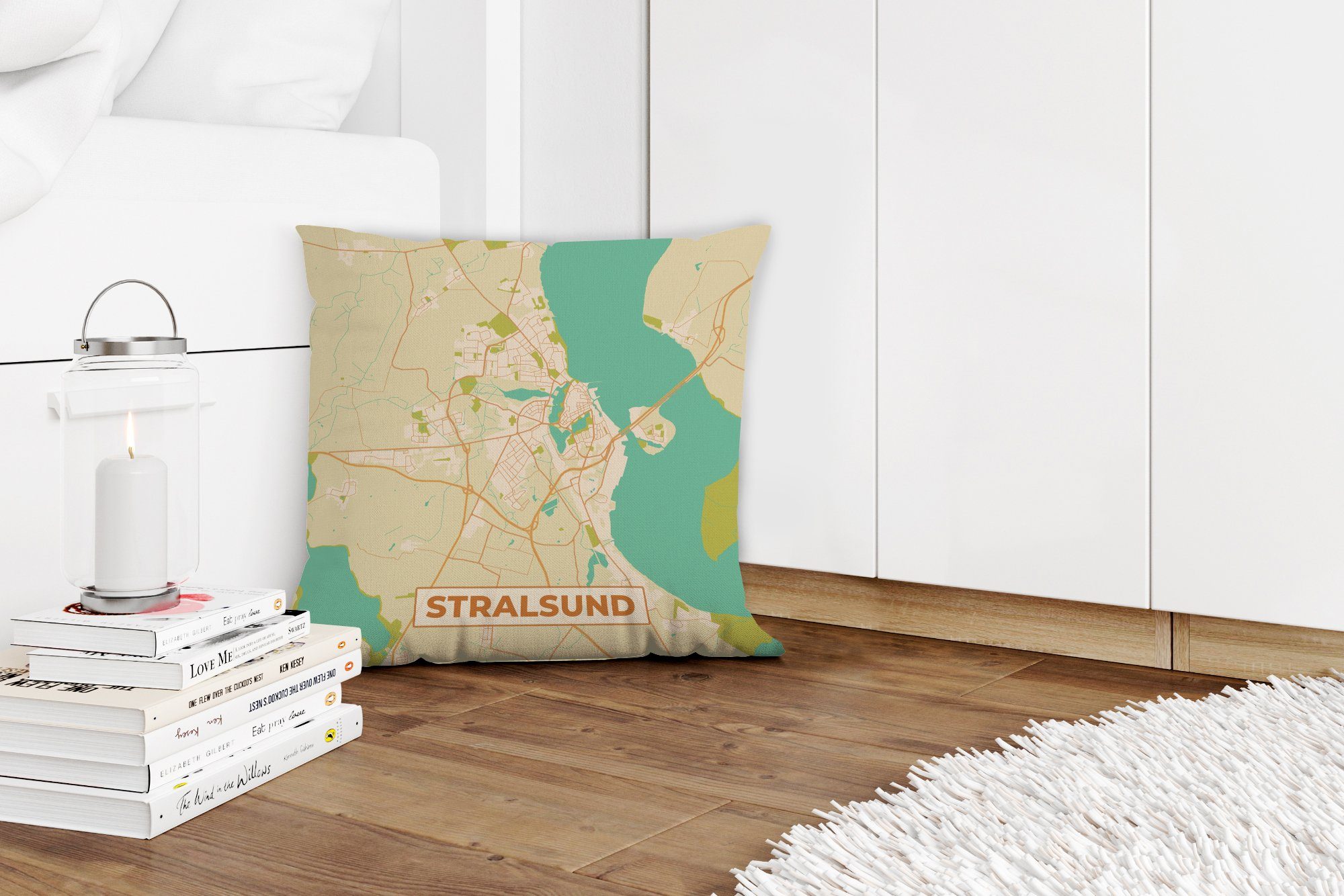 Zierkissen - - Karte - Wohzimmer, mit Stadtplan, Deko, MuchoWow Sofakissen Schlafzimmer, für Vintage Stralsund Füllung Dekokissen