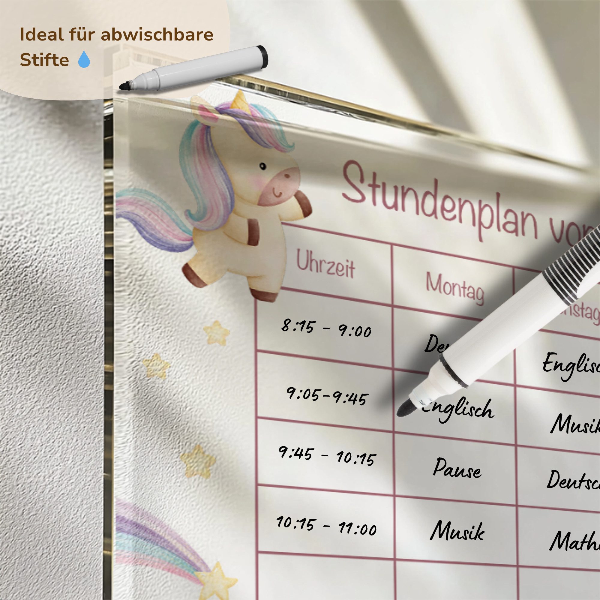 MeinBaby123® Schreibtischkalender Einschulung, Stundenplan Acrylglas transparent, Stundenplan abwischbar, Schulanfang Geschenk, inkl. Holzhalterung – Bild 4 von 5