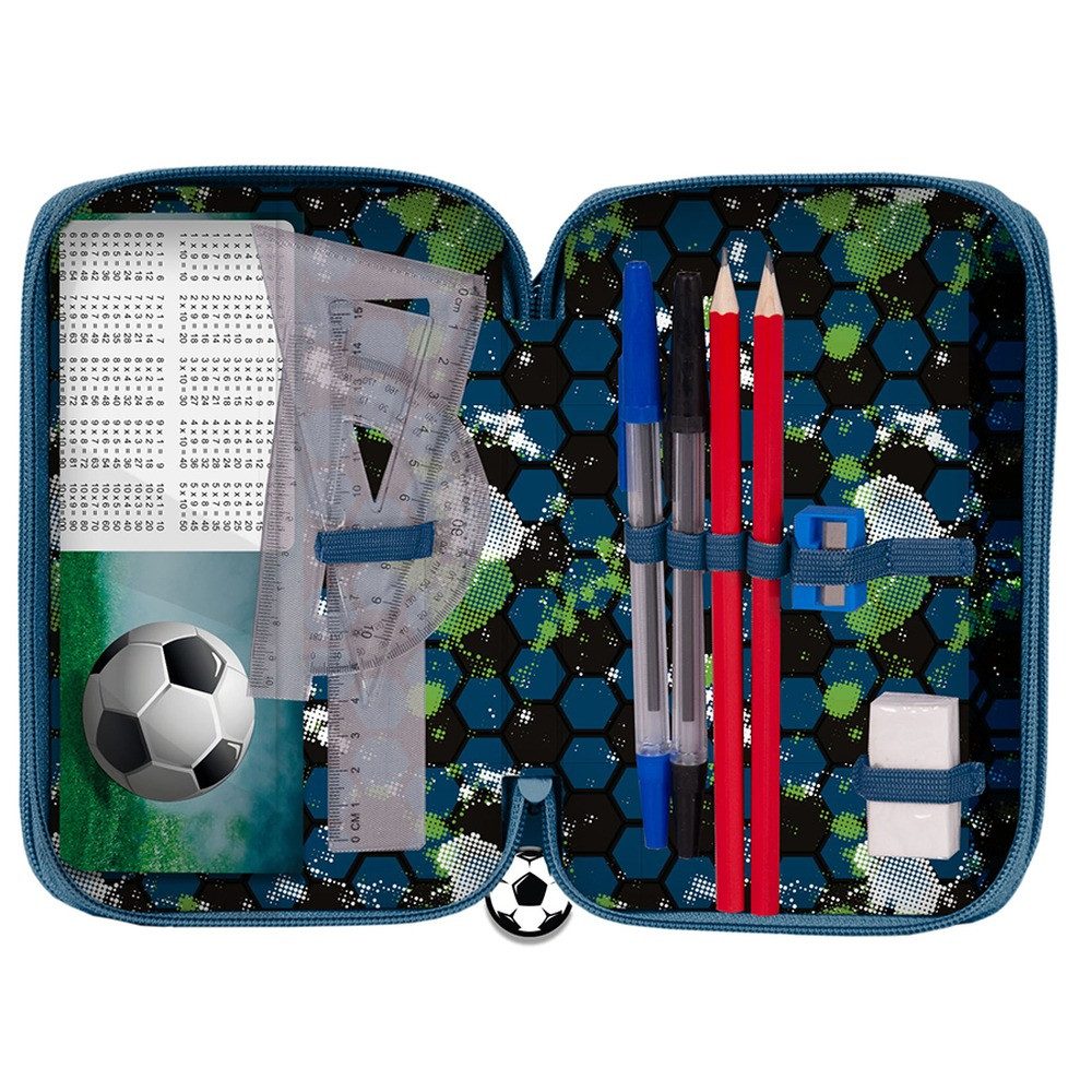 PASO Federmäppchen, (Dreifach-Federmäppchen, Fe), FOOTBALL XXL Federmäppchen mit 3 Fächern und Zubehör