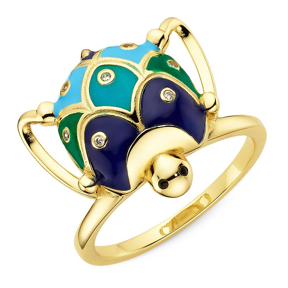 Firetti Fingerring Ring Schildkröten-Optik Silber gelbgoldfarben vergoldet, emaliert, mit Zirkonia (synth) und Emaille