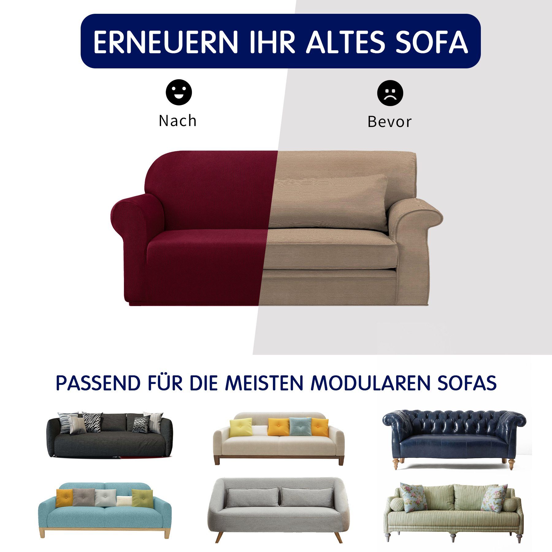 Sofahusse 1 SUBRTEX, Dehnbarer Sofabezug, waschbarer Sitzer Stoff Weinrot