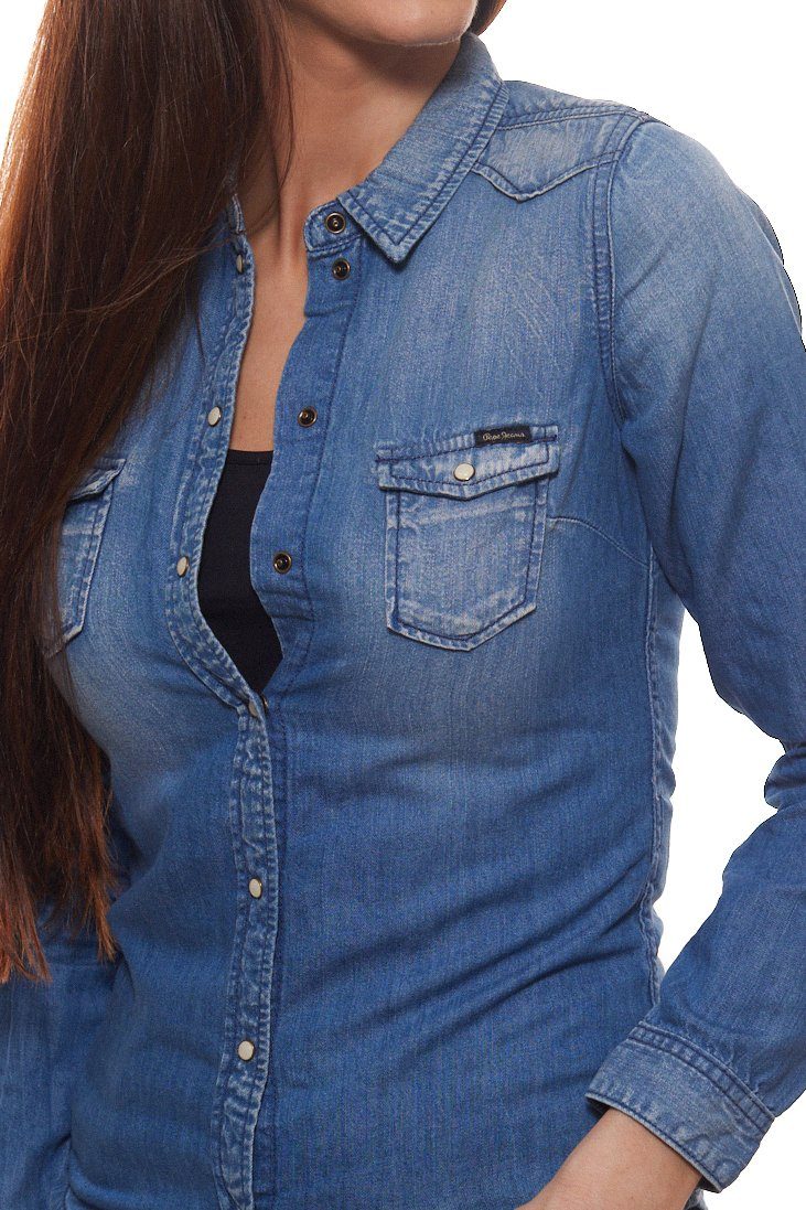Pepe Jeans Hemdbluse »Pepe Jeans Rosetta Hemd-Bluse schönes Damen Jeans-Hemd  Freizeit-Bluse mit Brusttaschen Slim Fit Blau« online kaufen | OTTO