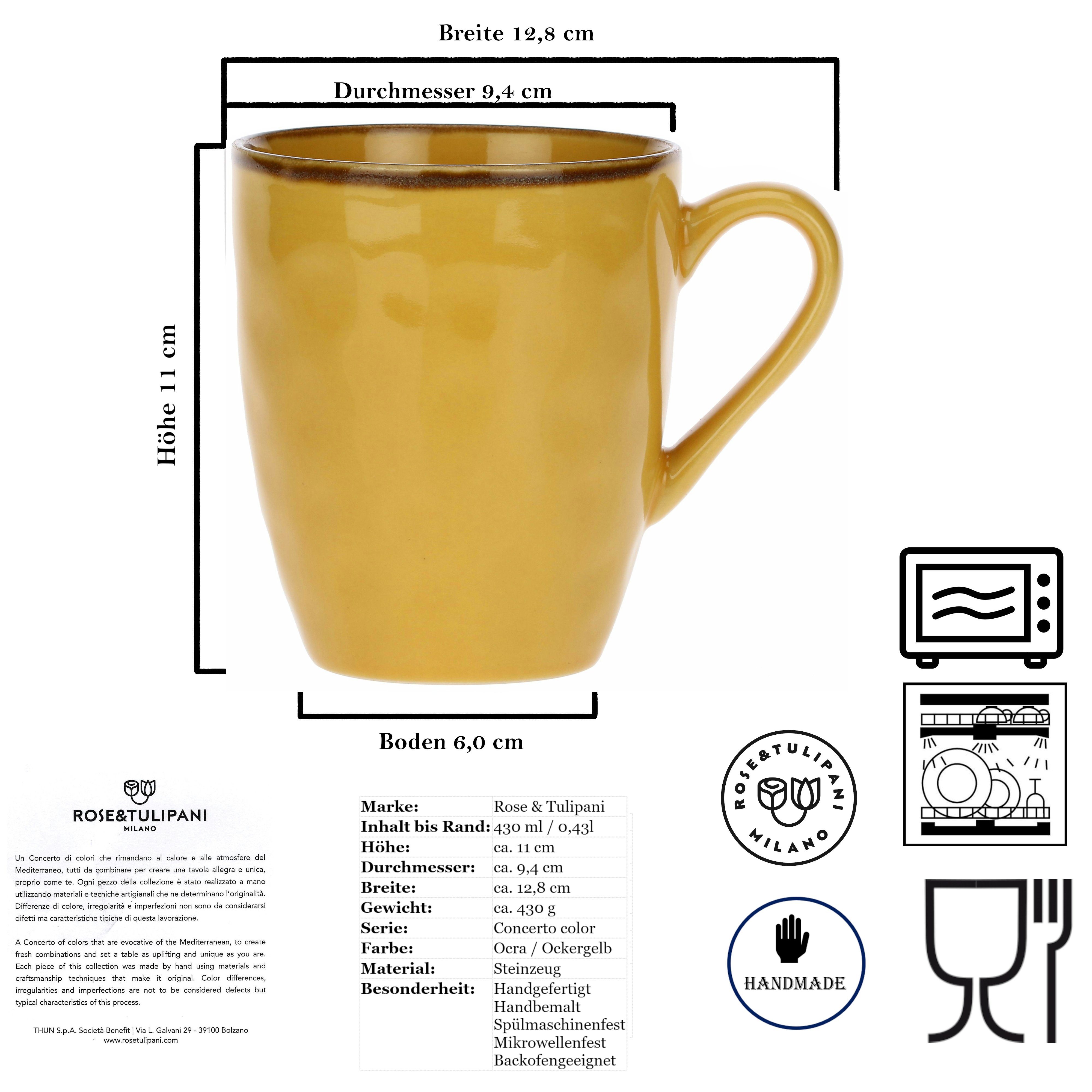 Rose & Tulpani Tasse Große Tasse Steingut Becher mit Henkel 430ml Gelb, 1-tlg., Steingut, Handgefertigt, Backofengeeignet