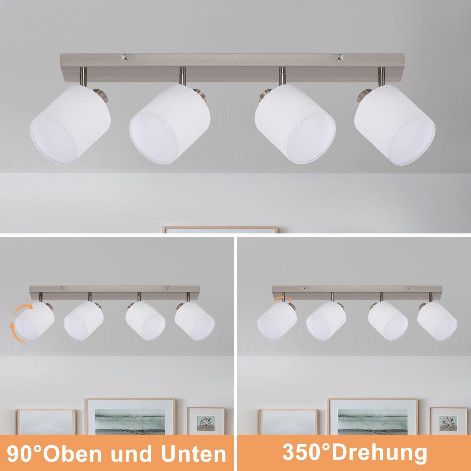 für Schwenkbar Modern Schlafzimmer MAX.25W Deckenleuchte Stoffschrim Flur(ohne ZMH 4 Flammig Leuchtmittel, Leuchtmittel), 350°, Deckenstrahler ohne E14 Nickel