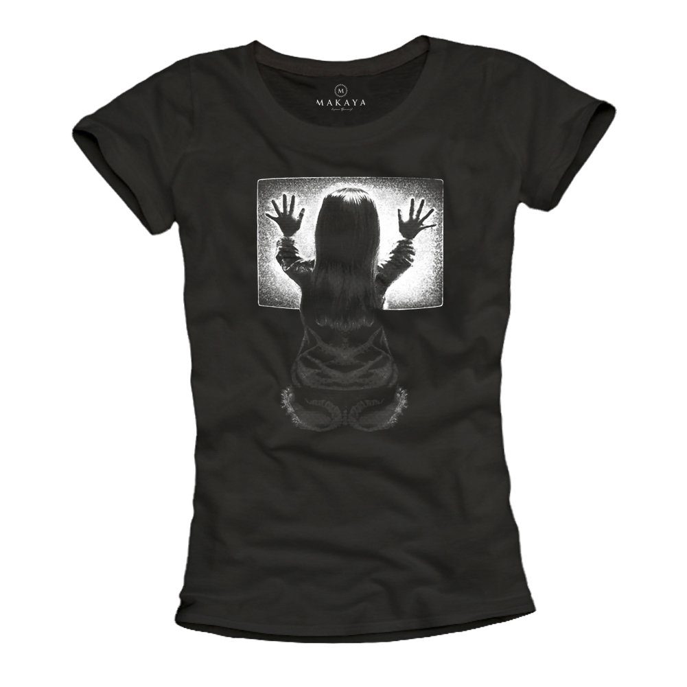 MAKAYA T-Shirt Damen Top Schwarz Poltergeist Horror Gamer Motiv Frauen Damenshirt