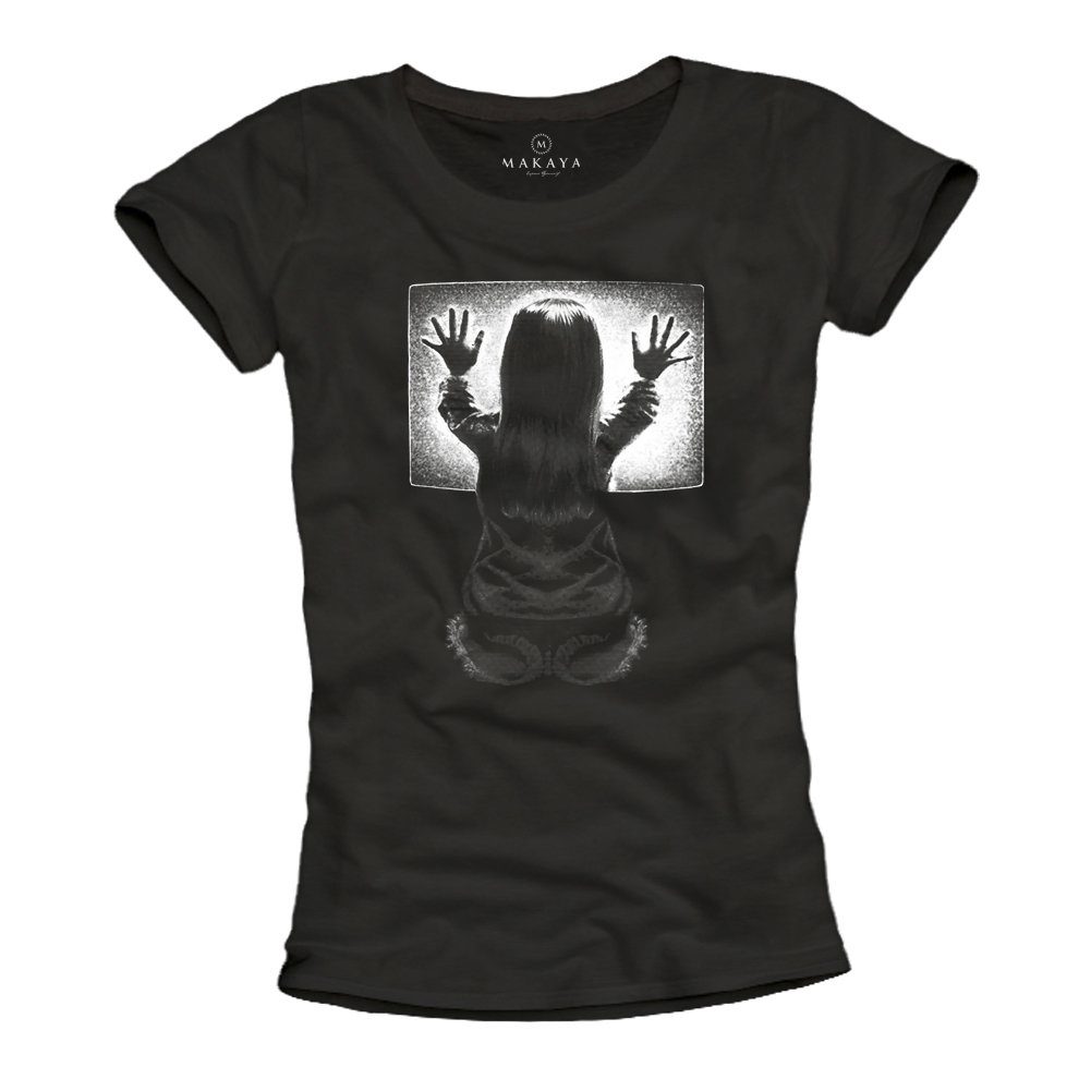 MAKAYA T-Shirt Damen Schwarz Gamer Top Poltergeist Motiv Damenshirt Frauen Horror