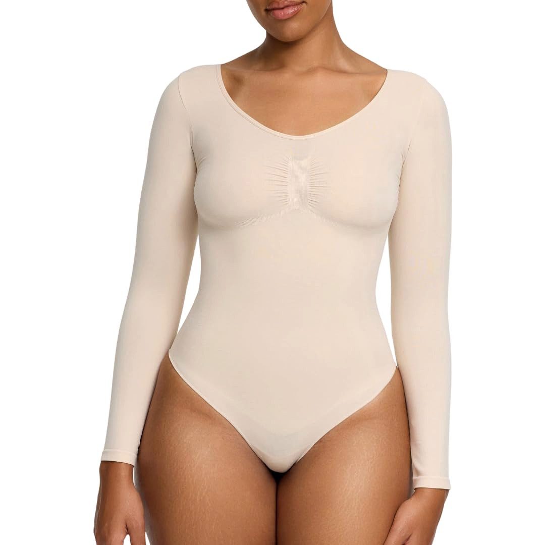 cfab by creamy fabrics Miederbody Bodysuit Sculpting Shapewear Longsleeve mit String-Sand-L (1-tlg) Figurformend