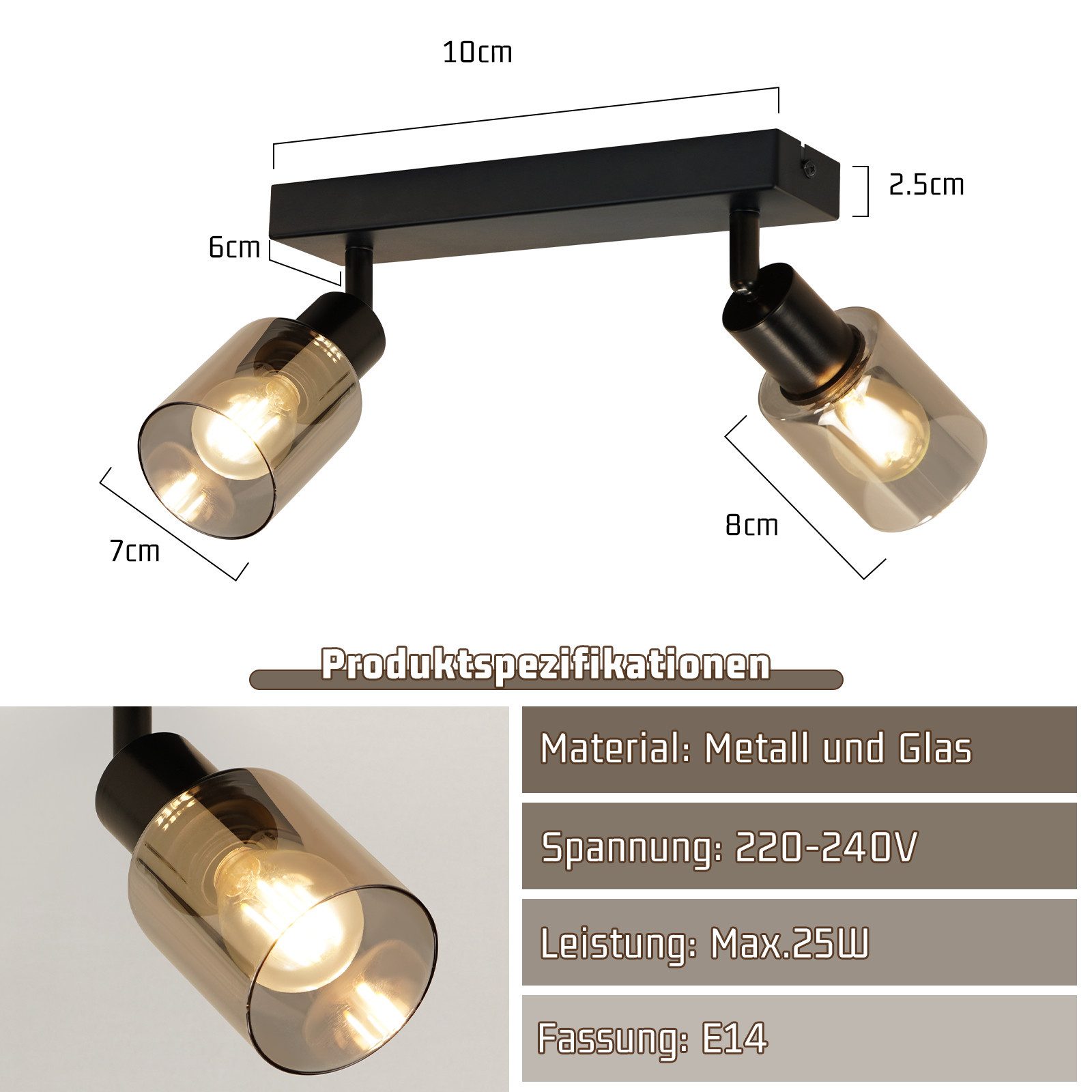 Nettlife Deckenstrahler Vintage Schwarz Glas E14 Retro Deckenleuchte Schwenkbar 350°, LED wechselbar, Flur Wandstrahler für Küche Wohnzimmer – Bild 4 von 5