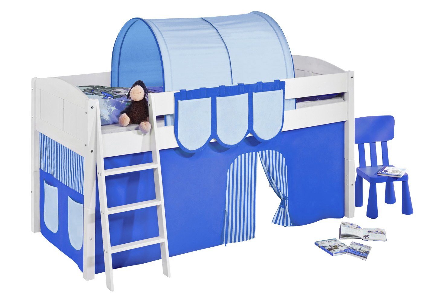 Lilokids Hochbett Spielbett IDA 4106 - Teilbares Systemhochbett - weiß - mit Vorhang umbaubar in Jugendbett, Hochbett oder L-Etagenbett