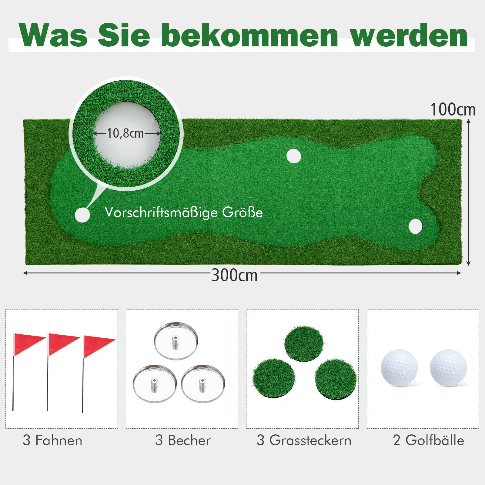 COSTWAY Puttingmatte, 300 x 100cm Golfmatte mit 3 Löcher