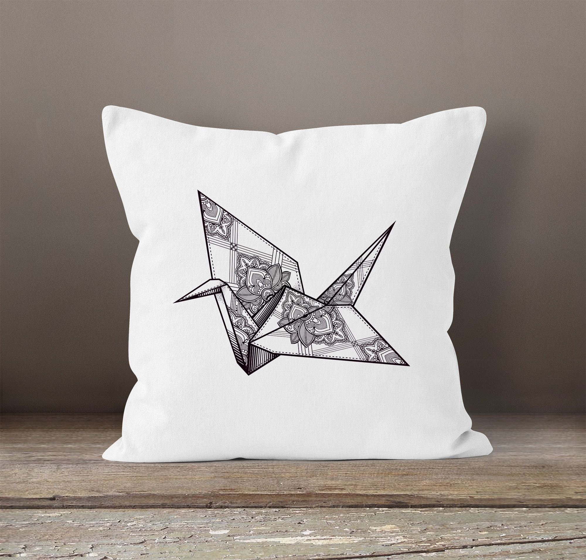 Autiga Origami Kranich Bird Vogel Kissen-Hülle 40x40 Paisley Polygon Crane Deko-Kissen Autiga® Dekokissen Kissenbezug weiß Ornamente Baumwolle Boho