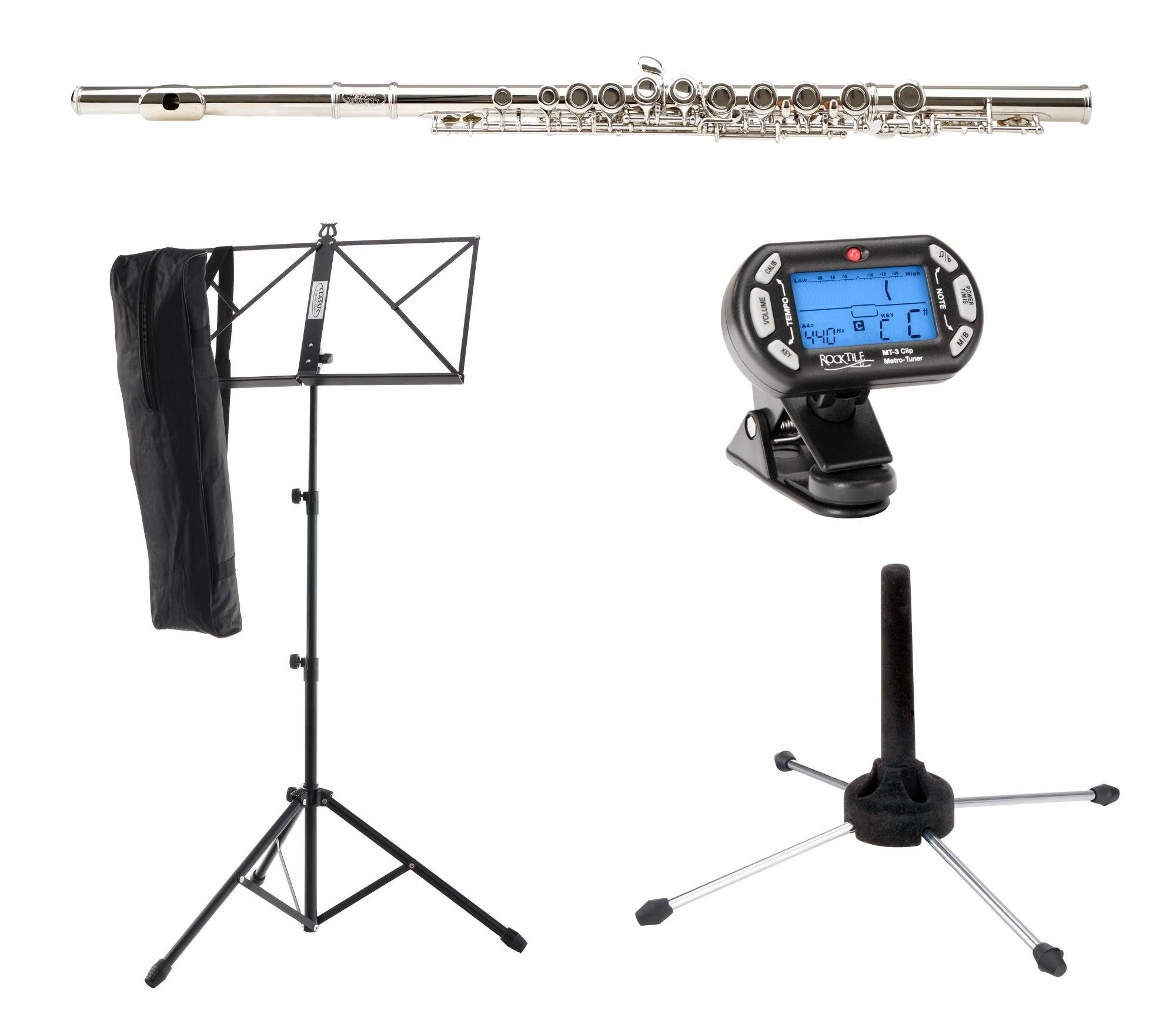 Querflöte FL-100 Querflöte Starter-Set (Tolles Einsteigerinstrument, komplett aus vernickeltem Neusilber, inklusive Notenständer, Stimmgerät mit Metronom, Flötenständer, Etui, Zubehör, Vorgezogenes G, leichte Ansprache und saubere Intonation